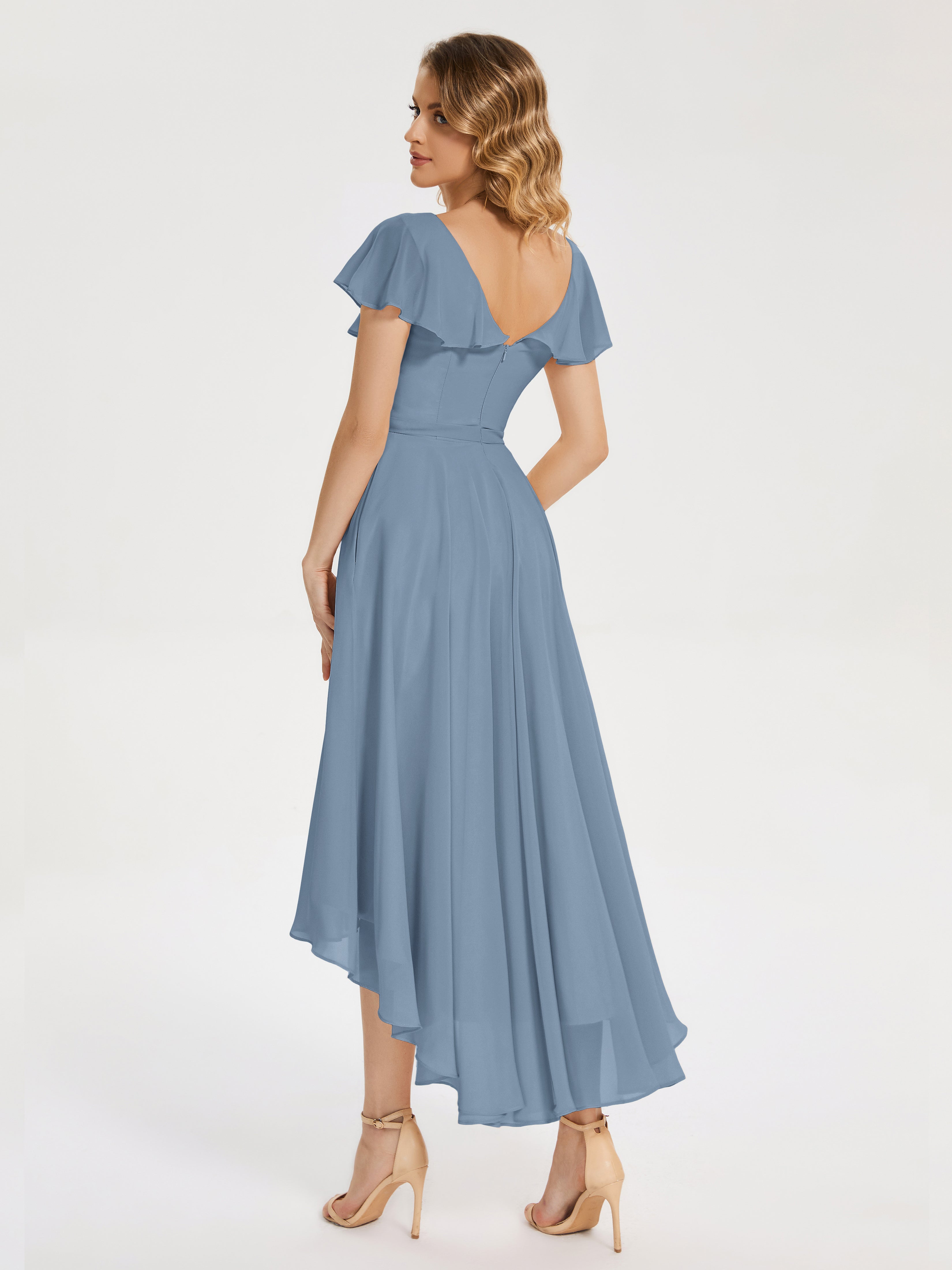 Robes De Demoiselle D'Honneur Bleu De Schiste Col V Asymétrique Robes Demoiselle D'Honneur À Volants
