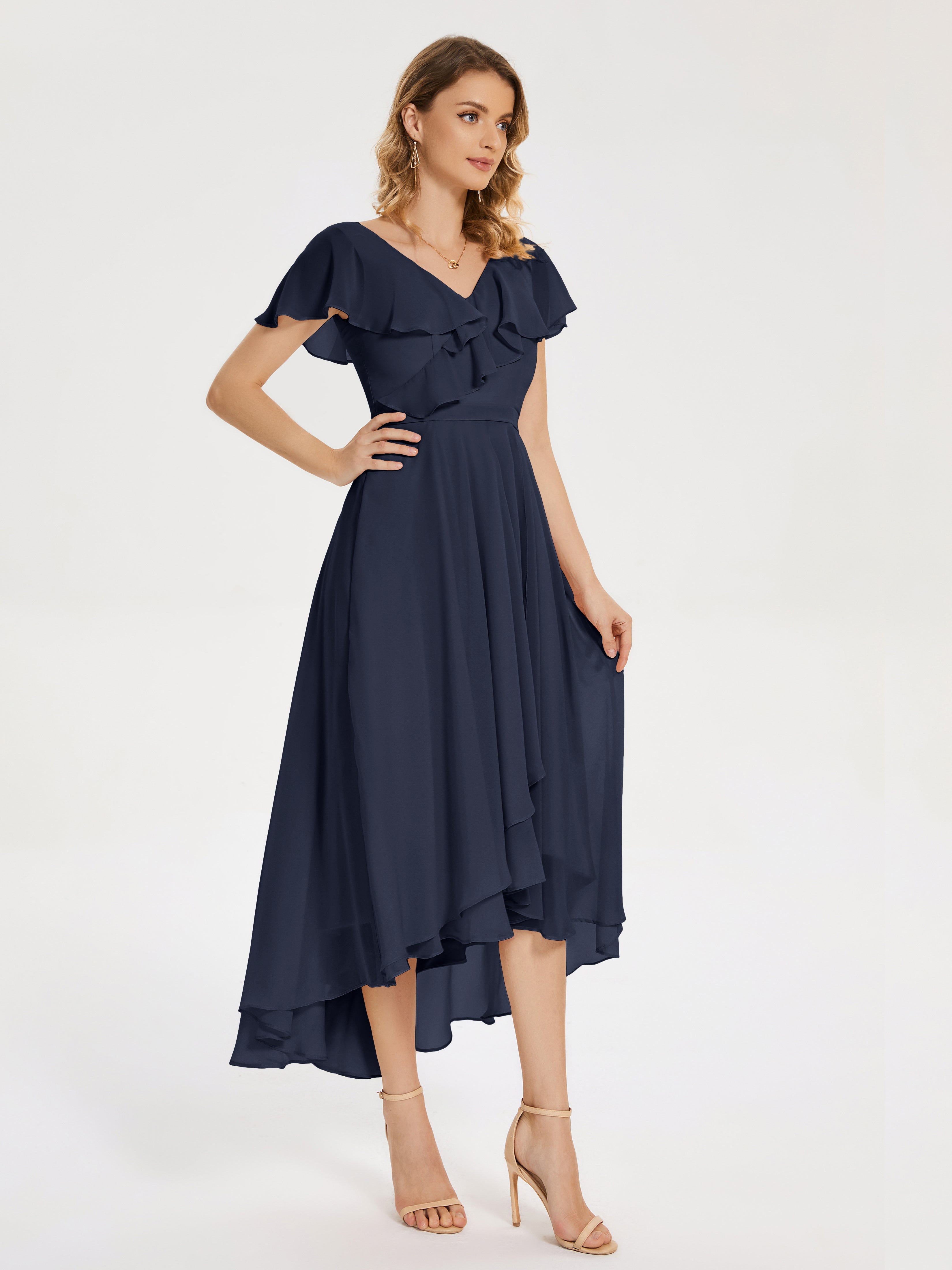 Longues Robes De Demoiselle D'Honneur Bleu Marine Col V Asymétrique Robes Demoiselle D'Honneur À Volants