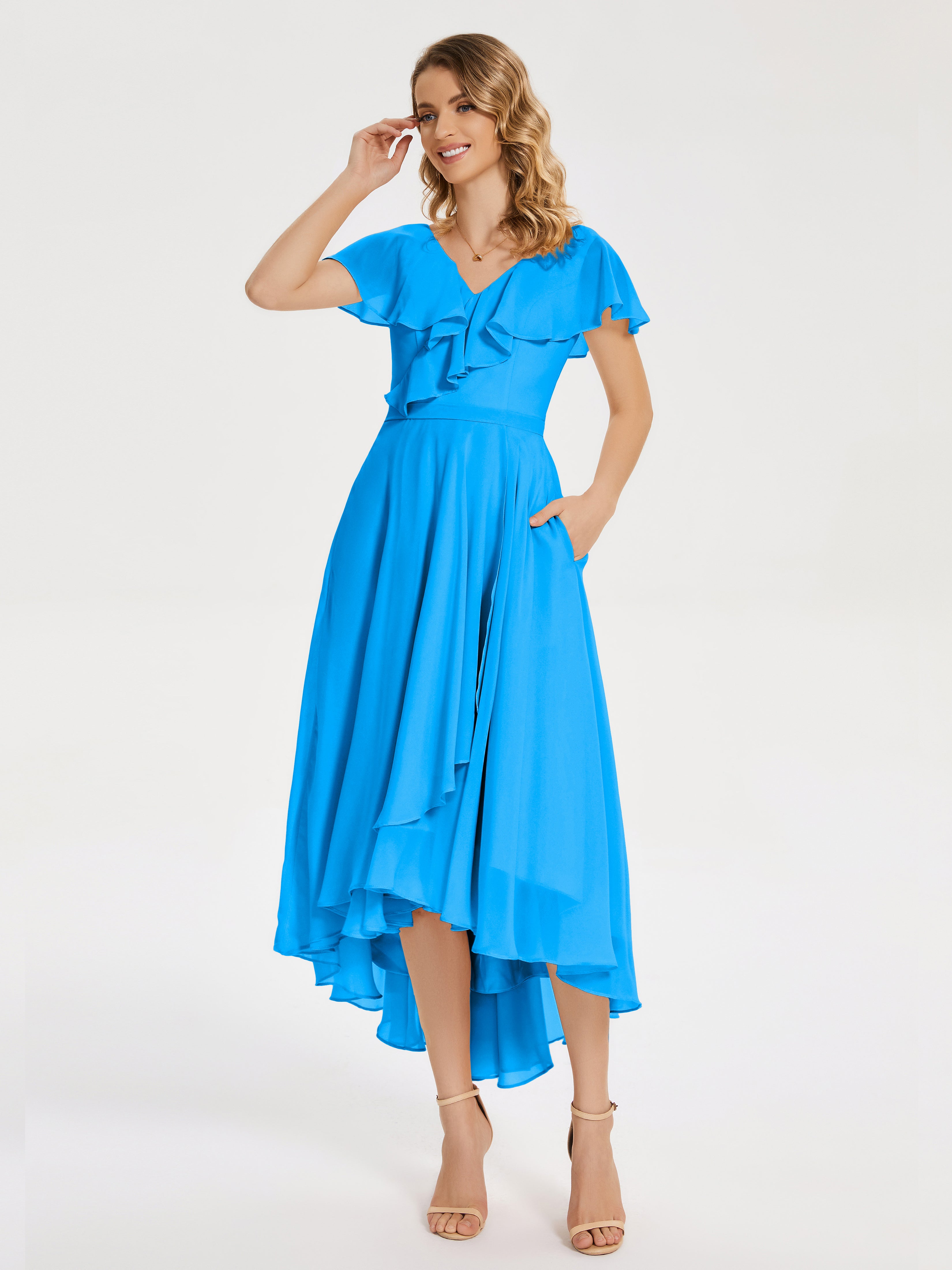 Robes De Demoiselle D'Honneur Bleu Océan Col V Asymétrique Robes Demoiselle D'Honneur À Volants