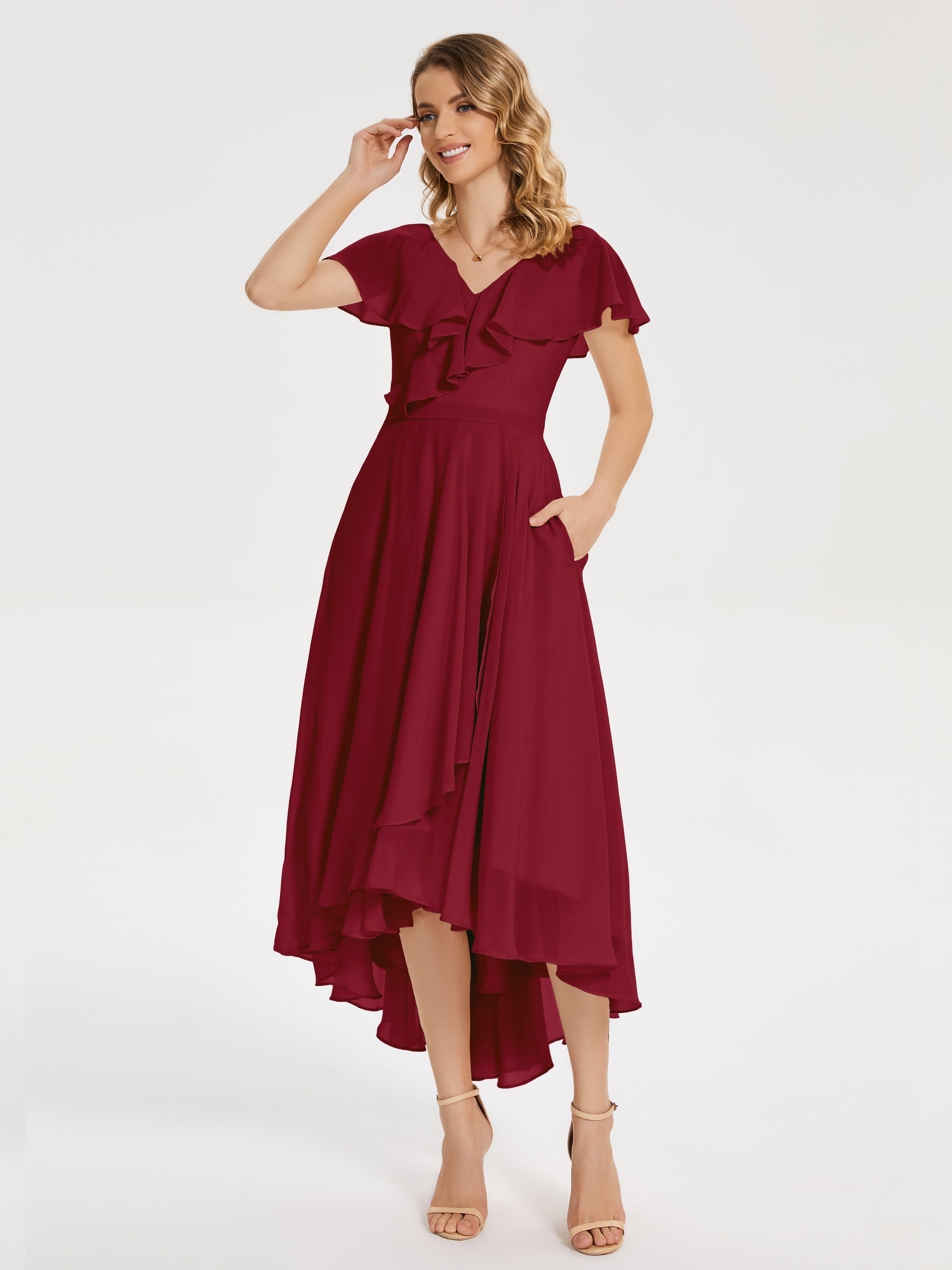 Robes De Demoiselle D'Honneur Rouge Bordeaux Col V Asymétrique Robes Demoiselle D'Honneur À Volants