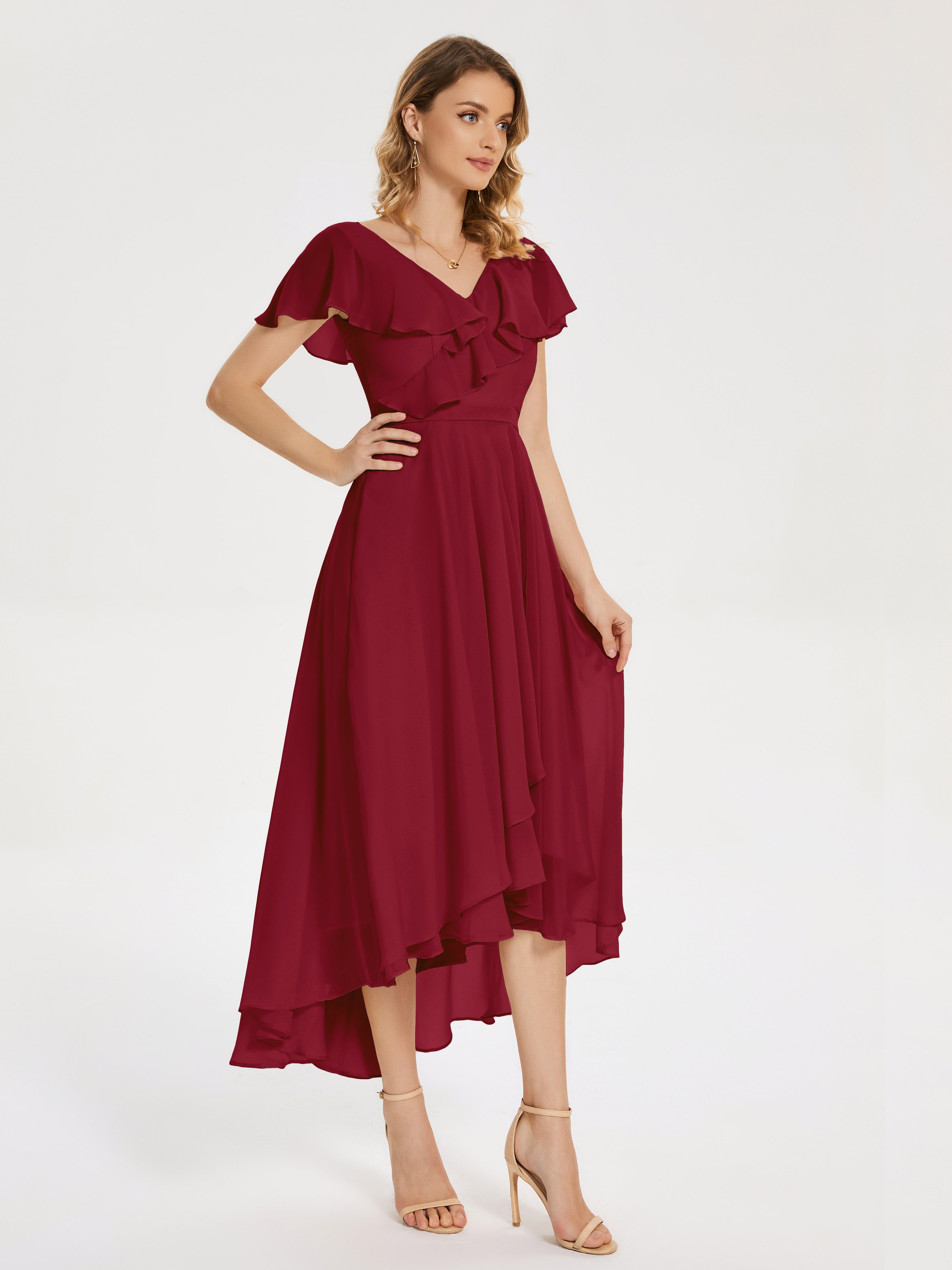 Robes De Demoiselle D'Honneur Rouge Bordeaux Col V Asymétrique Robes Demoiselle D'Honneur À Volants