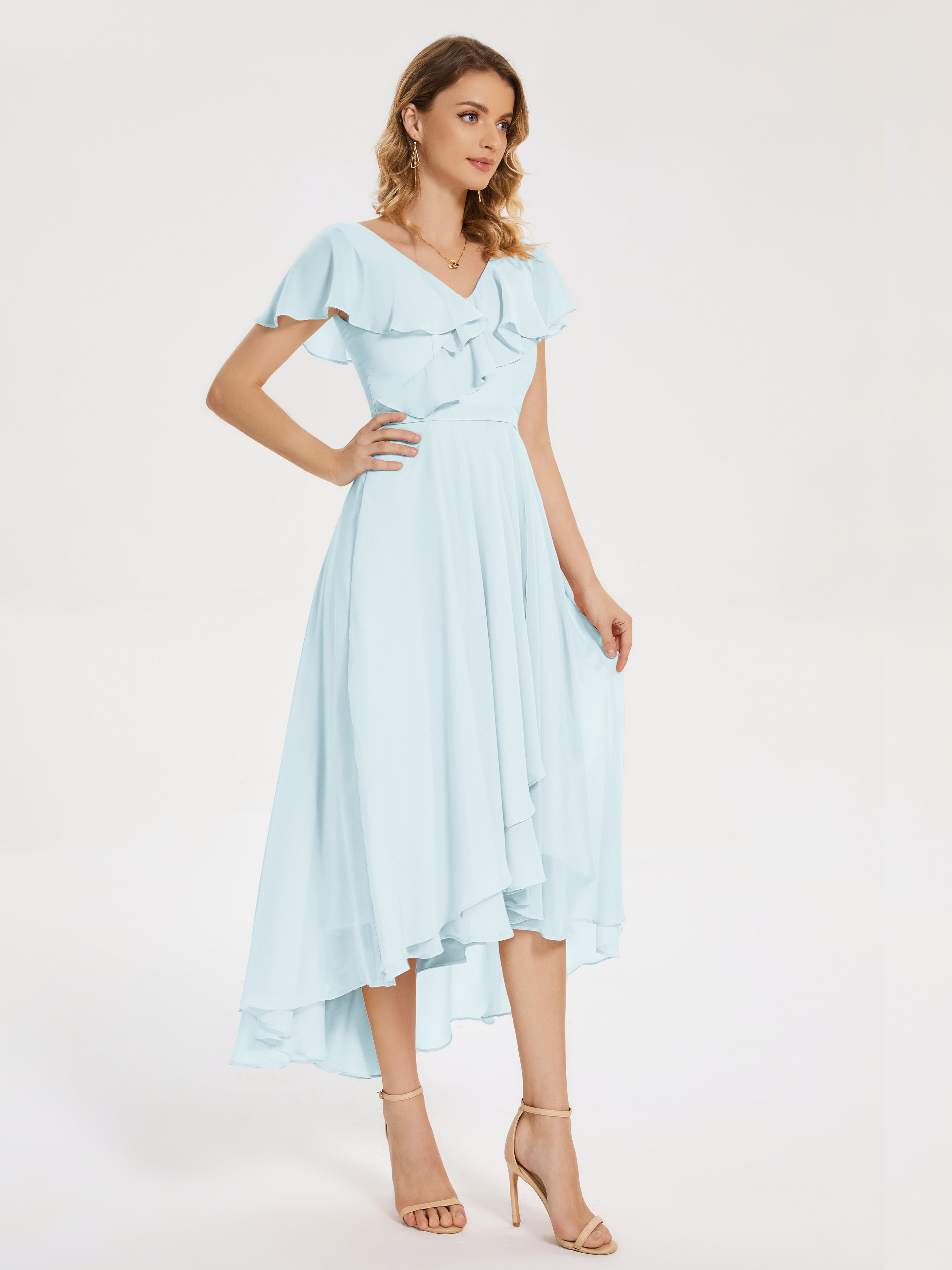 Robe De Demoiselle D'Honneur Brume Col V Asymétrique Robes Demoiselle D'Honneur À Volants
