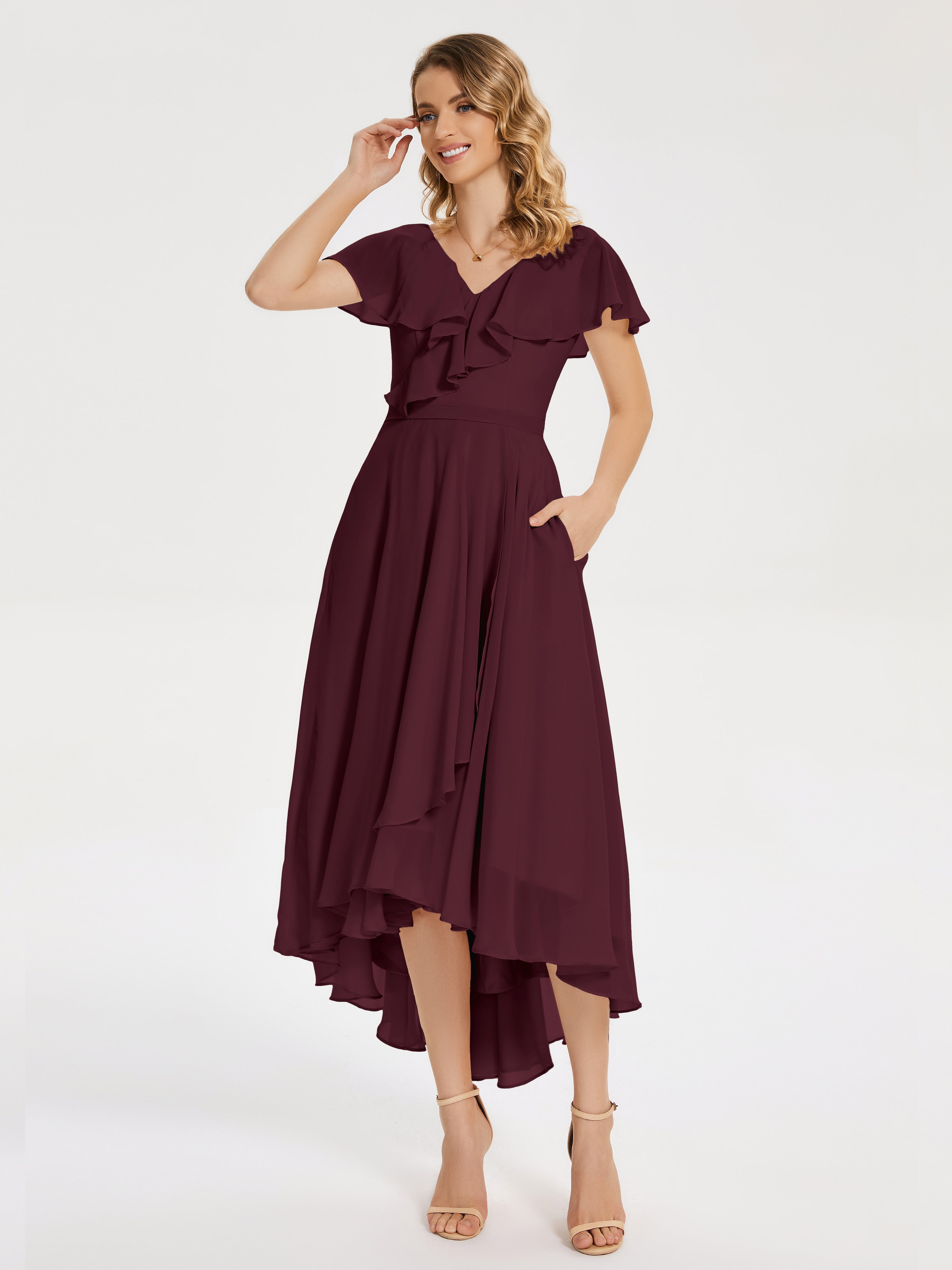 Robes De Demoiselle D'Honneur Cabernet Col V Asymétrique Robes Demoiselle D'Honneur À Volants