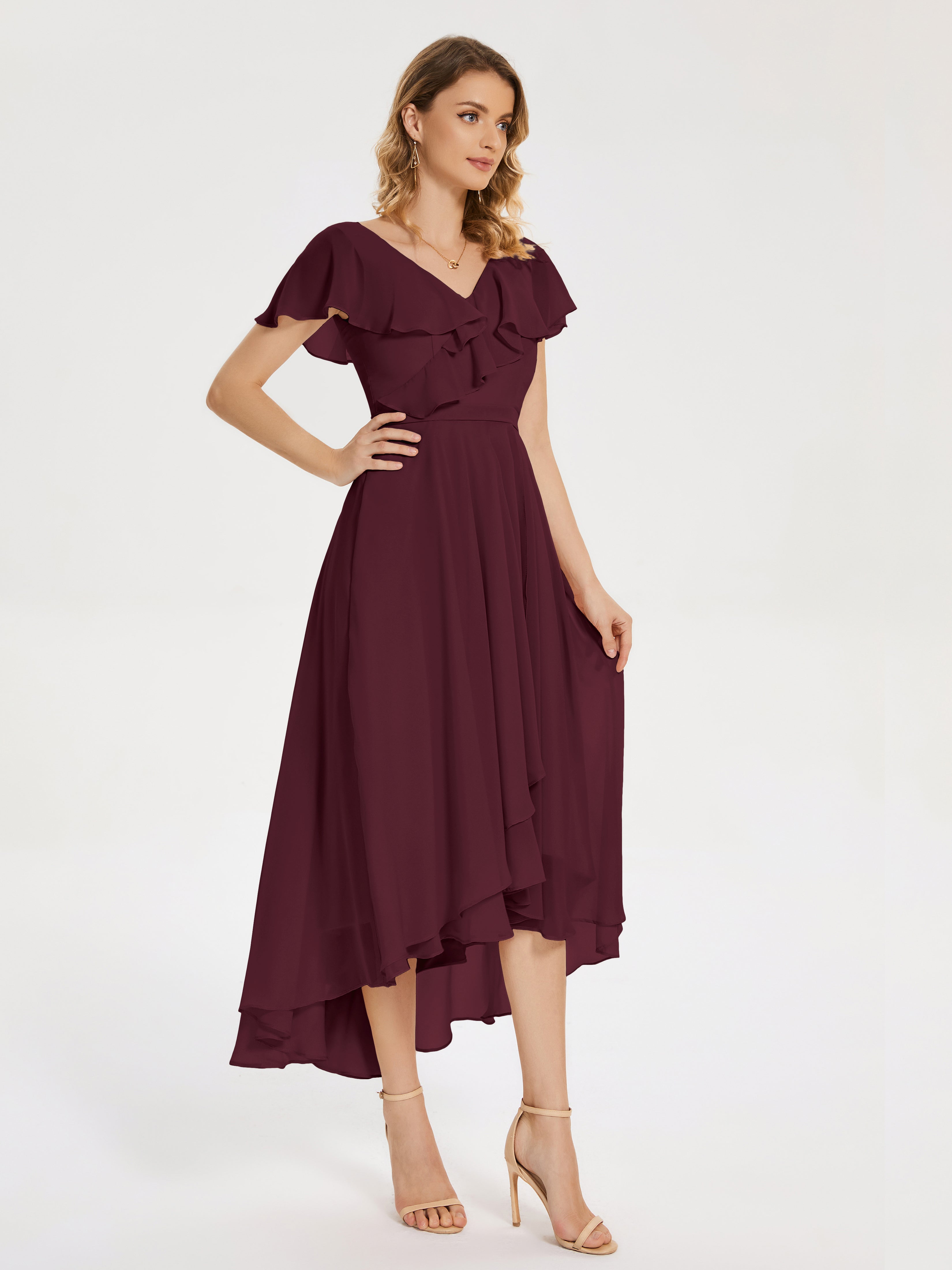 Robes De Demoiselle D'Honneur Cabernet Col V Asymétrique Robes Demoiselle D'Honneur À Volants