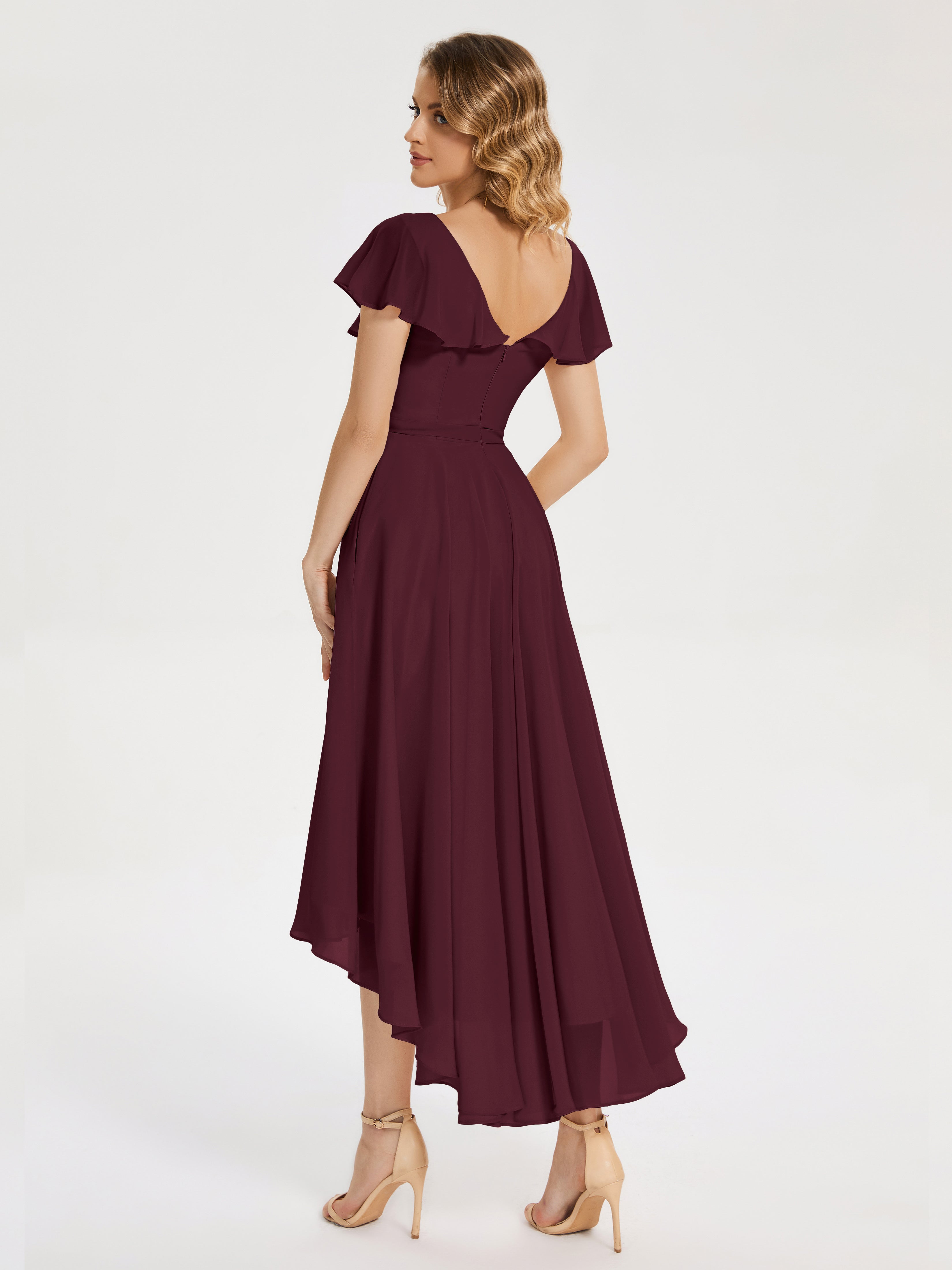 Robes De Demoiselle D'Honneur Cabernet Col V Asymétrique Robes Demoiselle D'Honneur À Volants