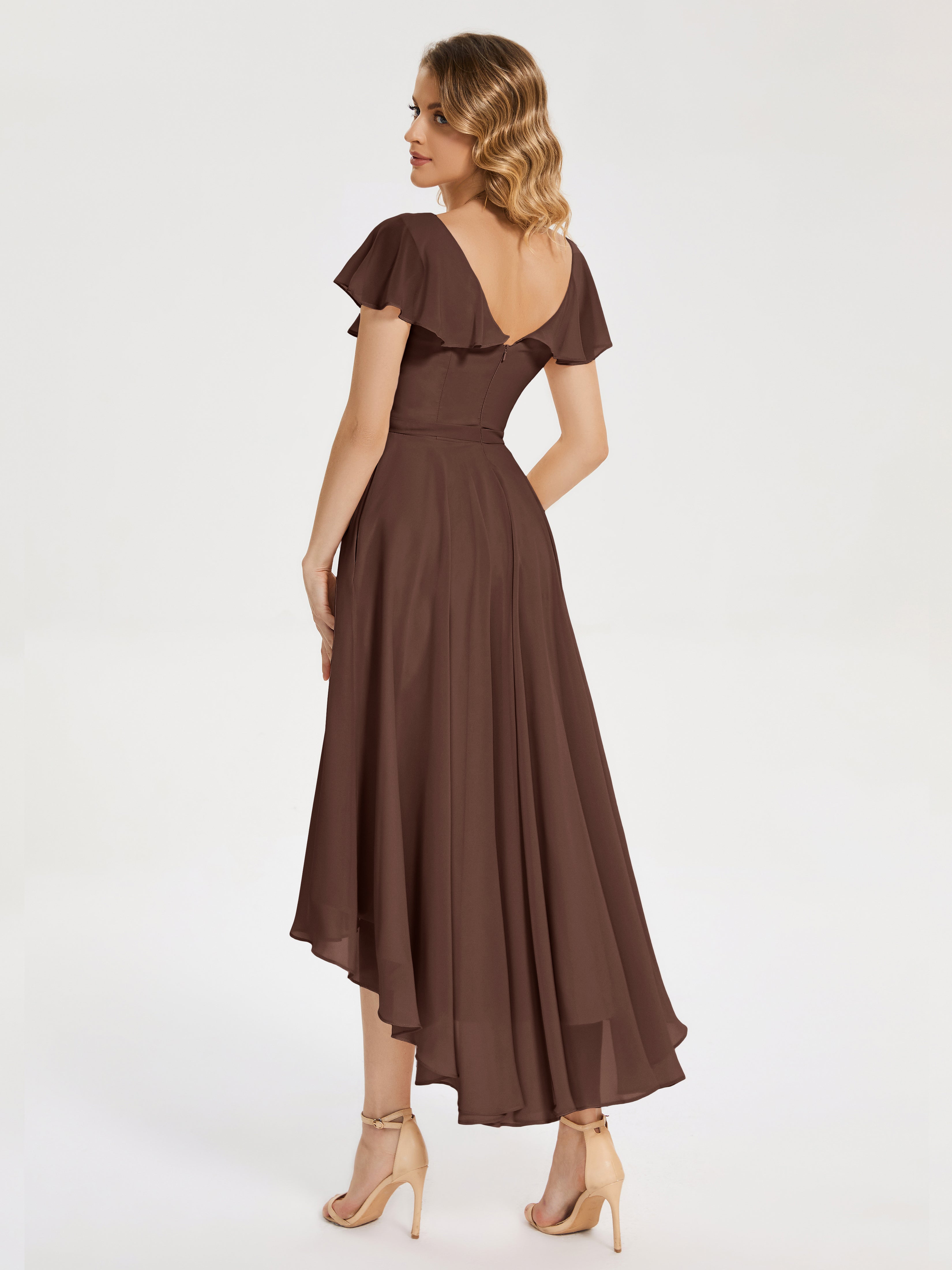Robe De Demoiselle D Honneur Chocolat Col V Asymétrique Robes Demoiselle D'Honneur À Volants