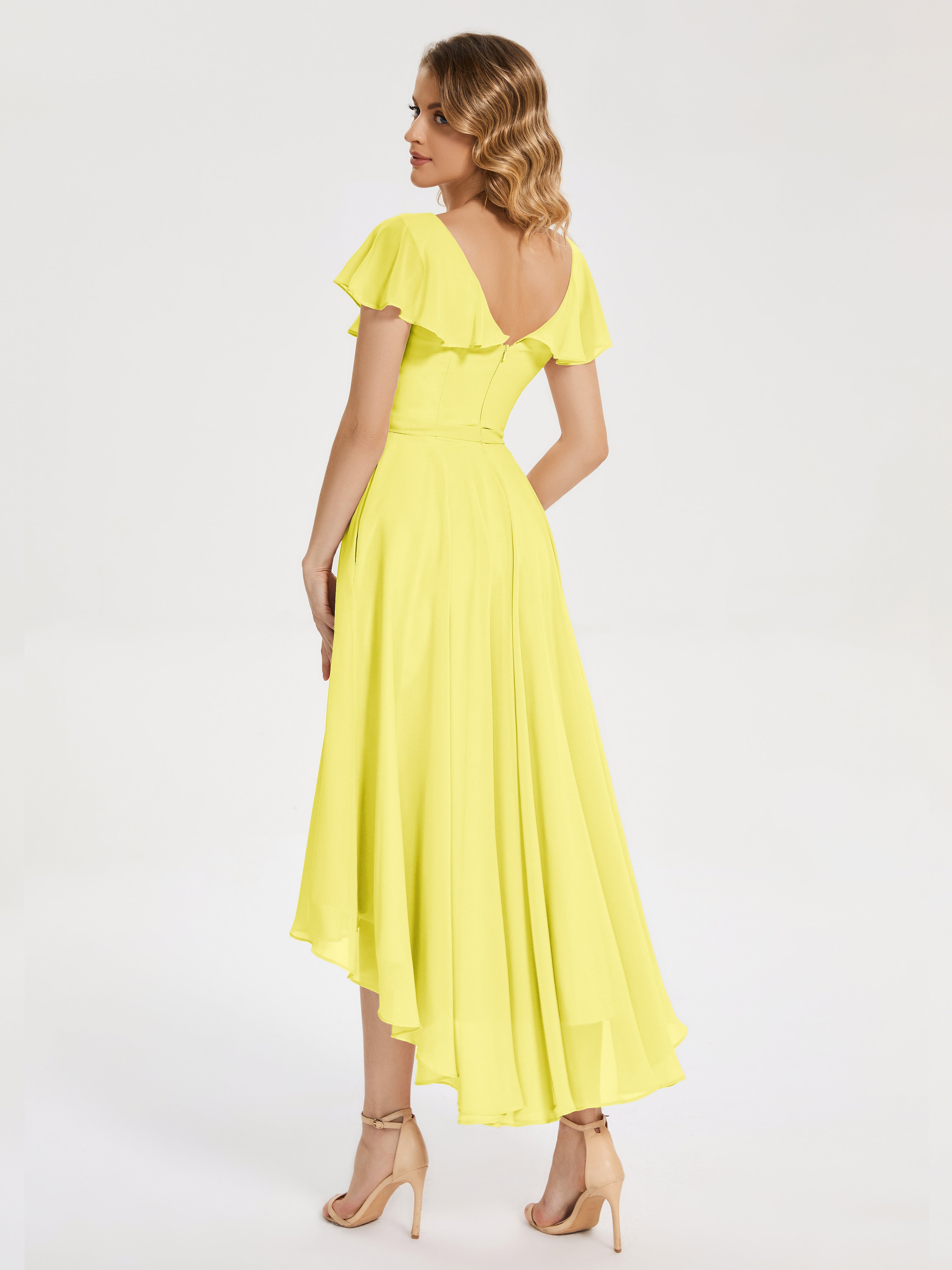 Robes De Demoiselle D'Honneur Citron Col V Asymétrique Robes Demoiselle D'Honneur À Volants