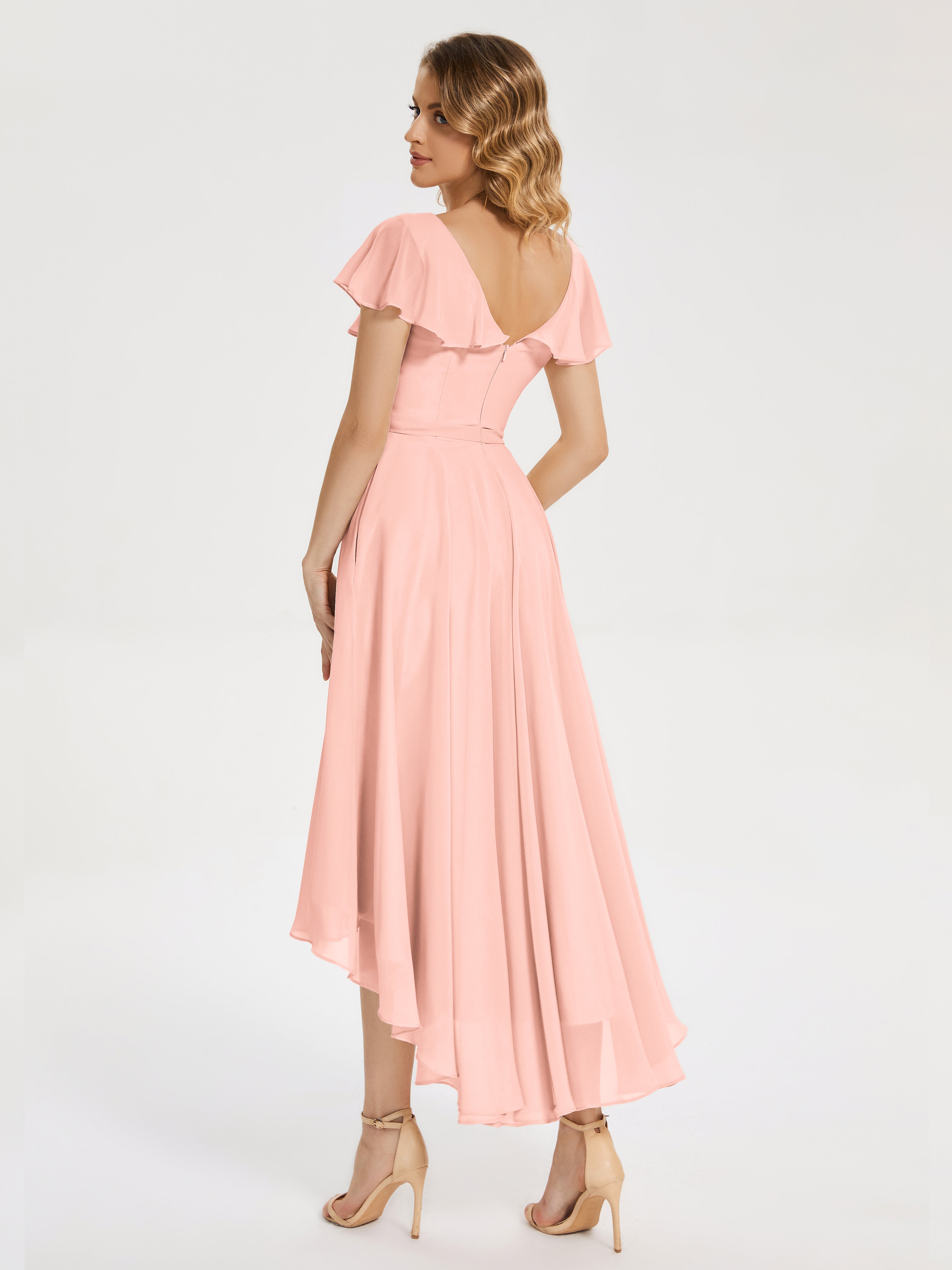 Robe De Demoiselle D Honneur Corail Col V Asymétrique Robes Demoiselle D'Honneur À Volants