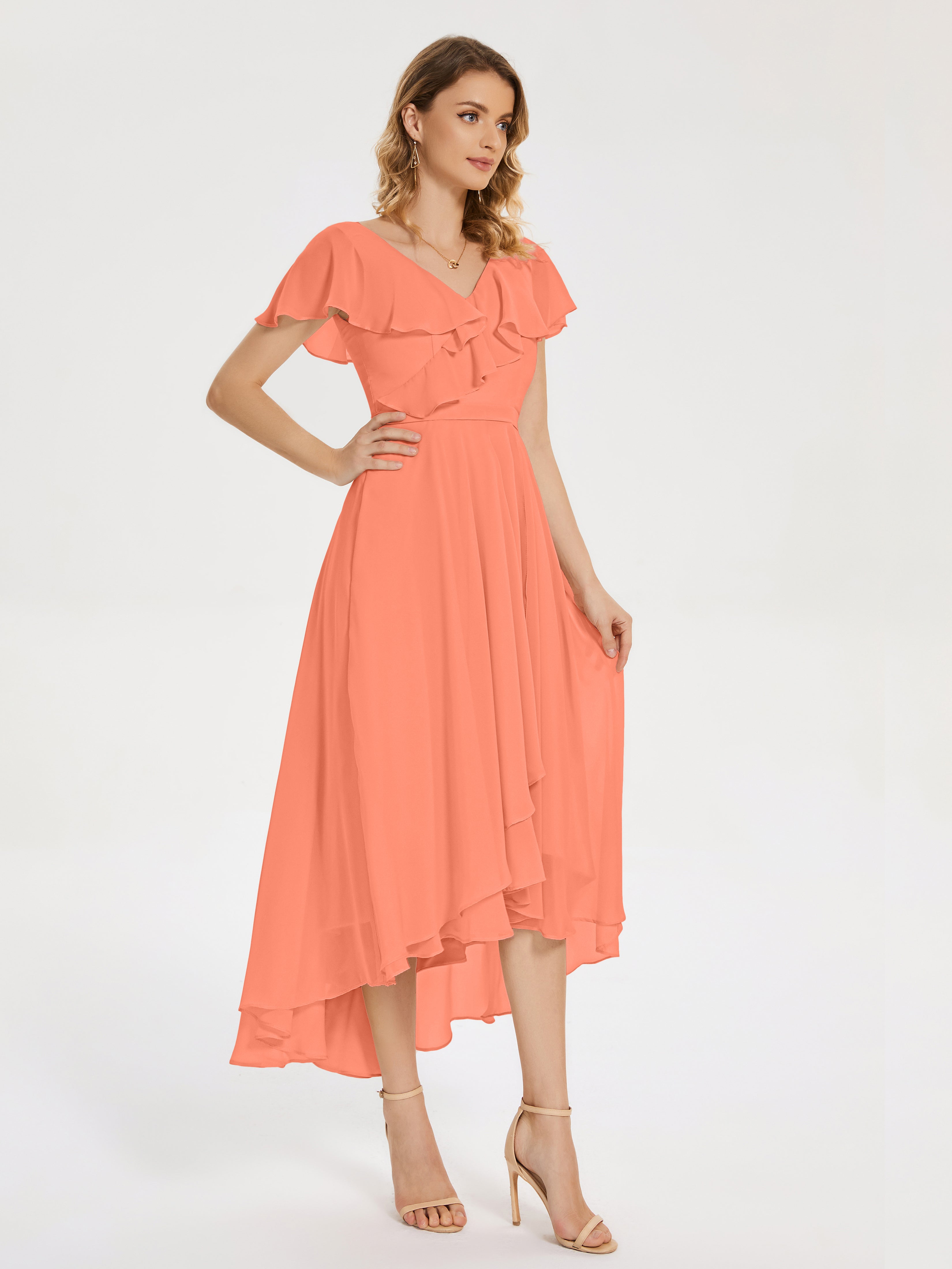 Robes De Demoiselle D'Honneur Coucher De Soleil Col V Asymétrique Robes Demoiselle D'Honneur À Volants