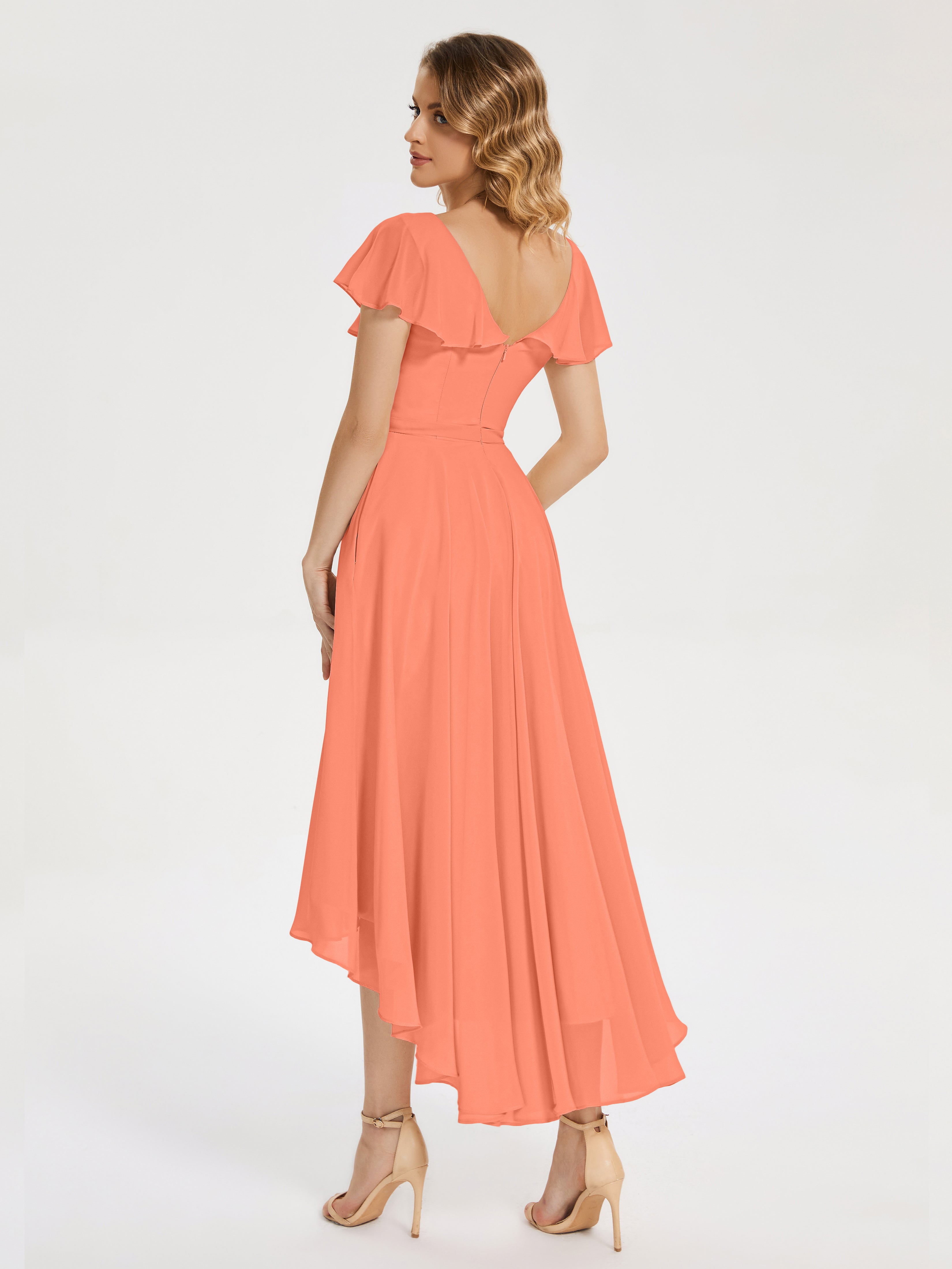 Robes De Demoiselle D'Honneur Coucher De Soleil Col V Asymétrique Robes Demoiselle D'Honneur À Volants