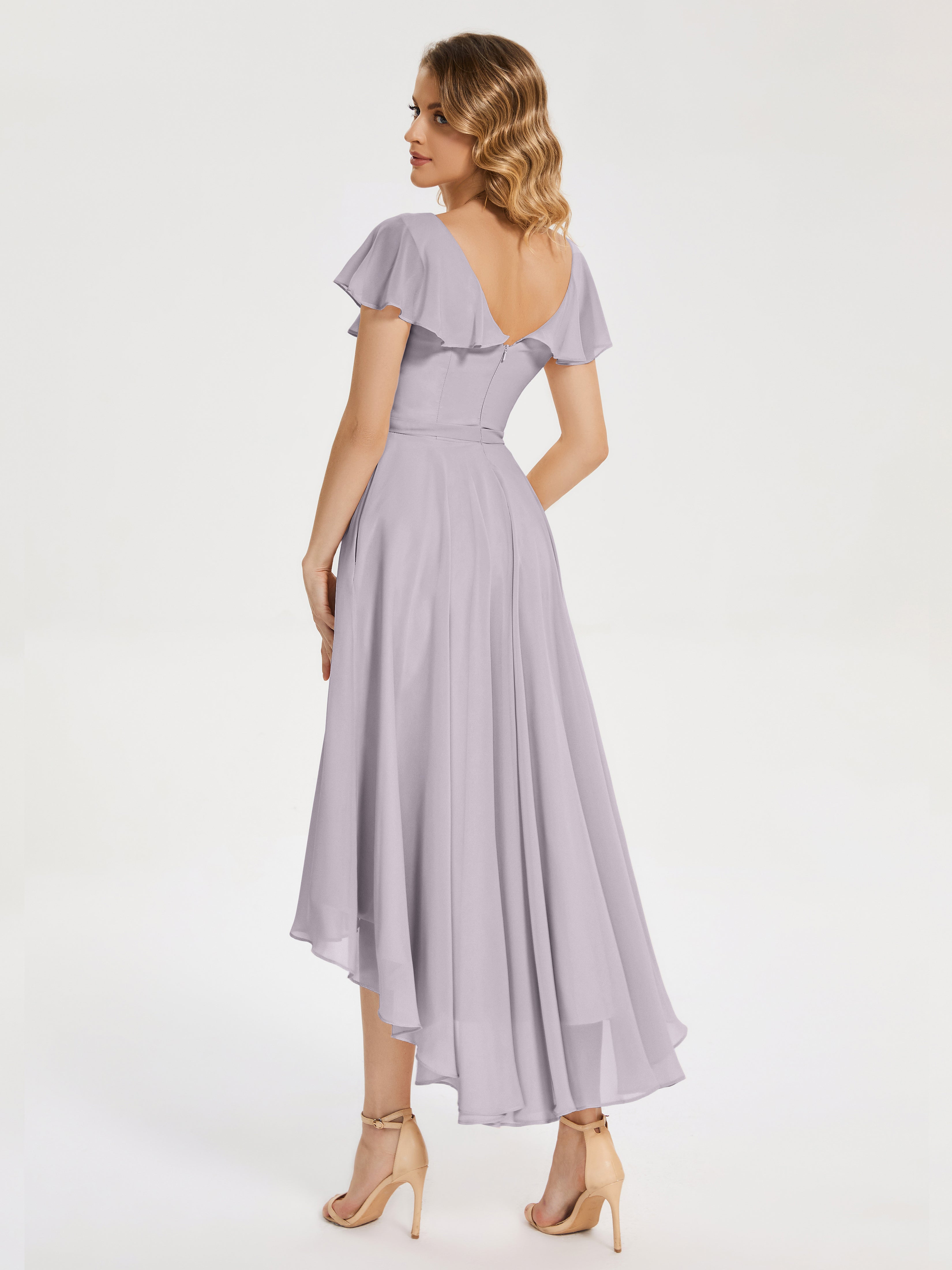 Robes De Demoiselle D'Honneur Couleur Crépuscule Col V Asymétrique Robes Demoiselle D'Honneur À Volants