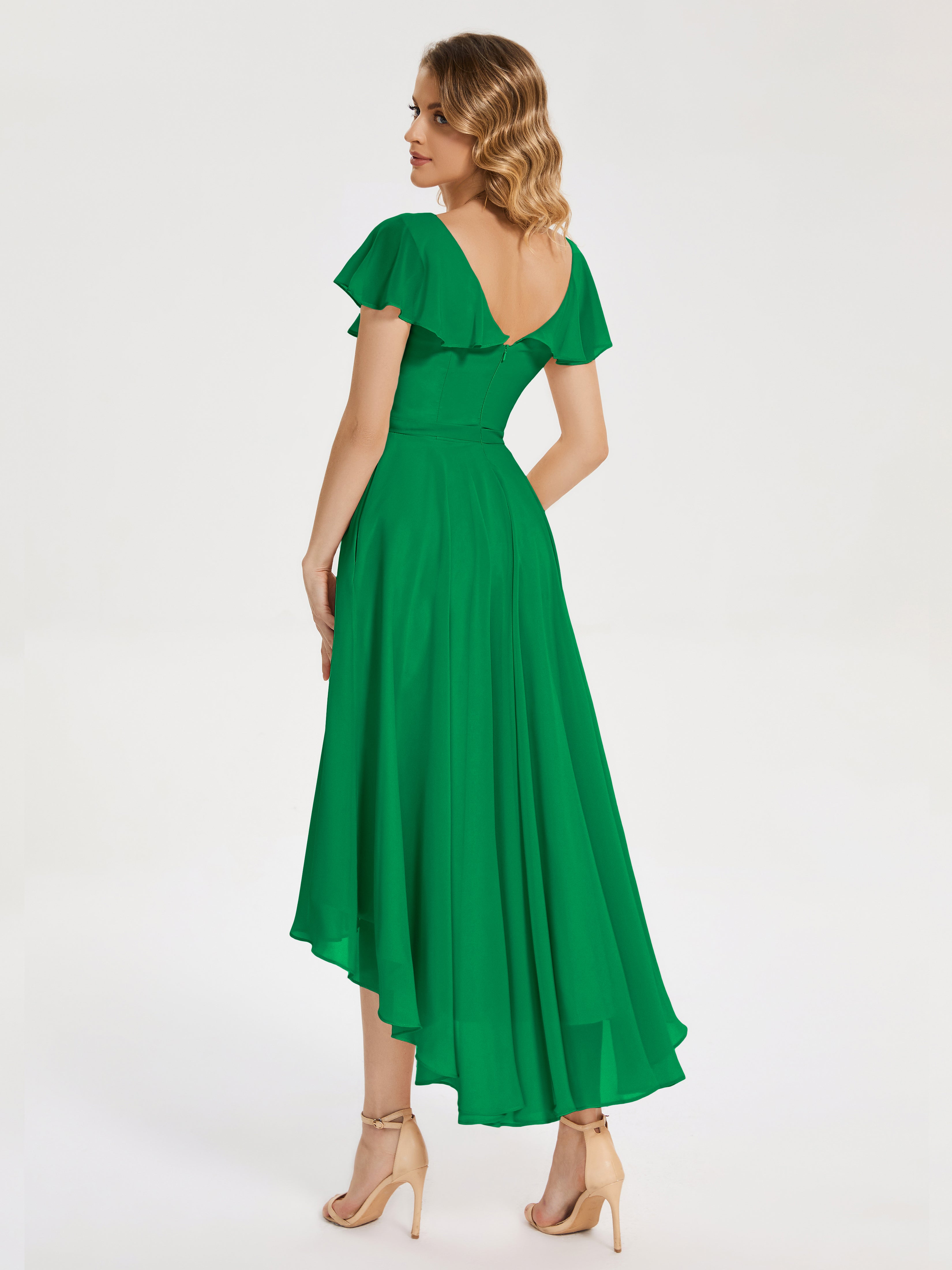Robes De Demoiselle D'Honneur Vert Émeraude Foncé Col V Asymétrique Robes Demoiselle D'Honneur À Volants