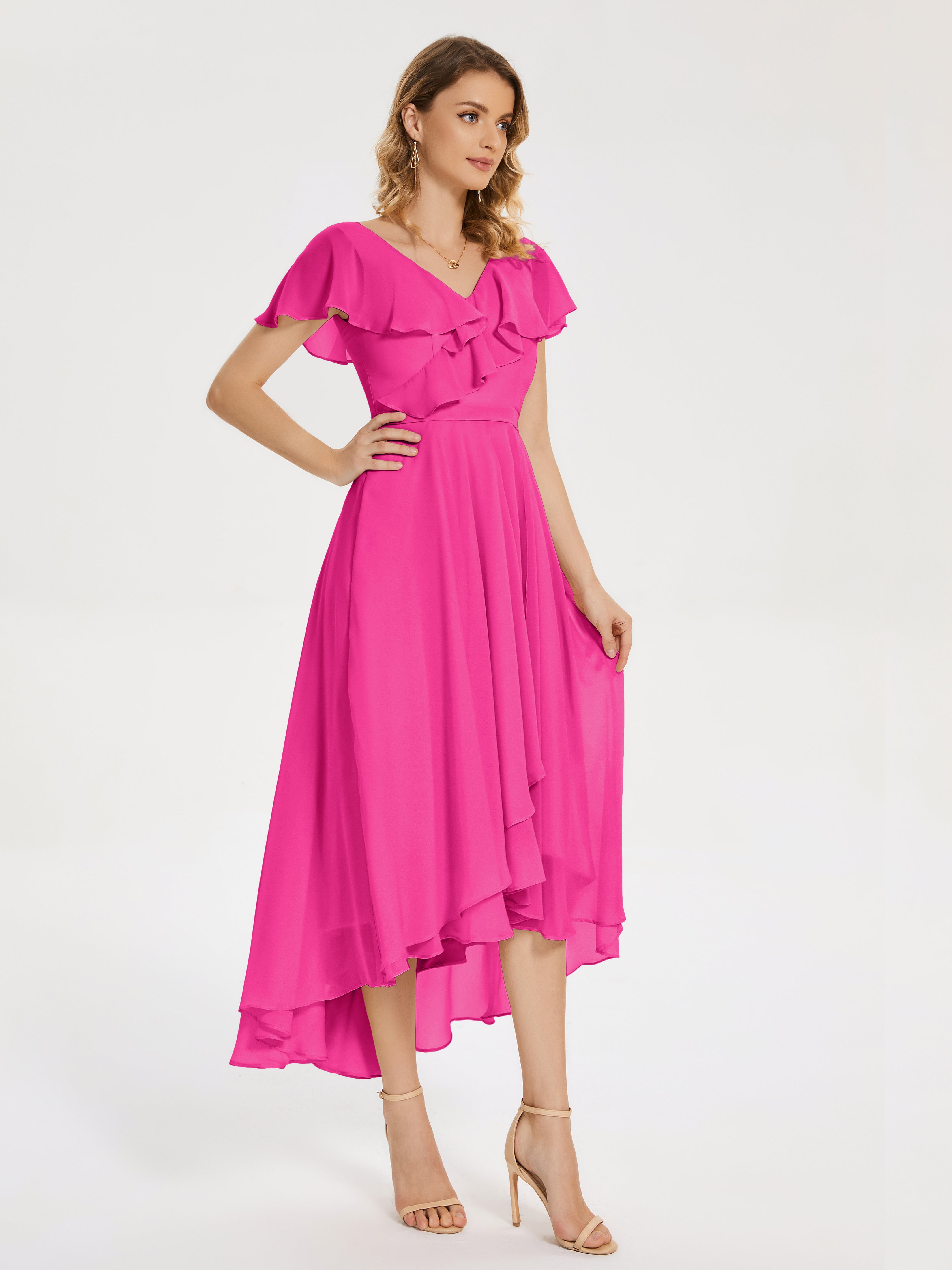Robe Fuchsia Demoiselle D Honneur Col V Asymétrique Robes Demoiselle D'Honneur À Volants