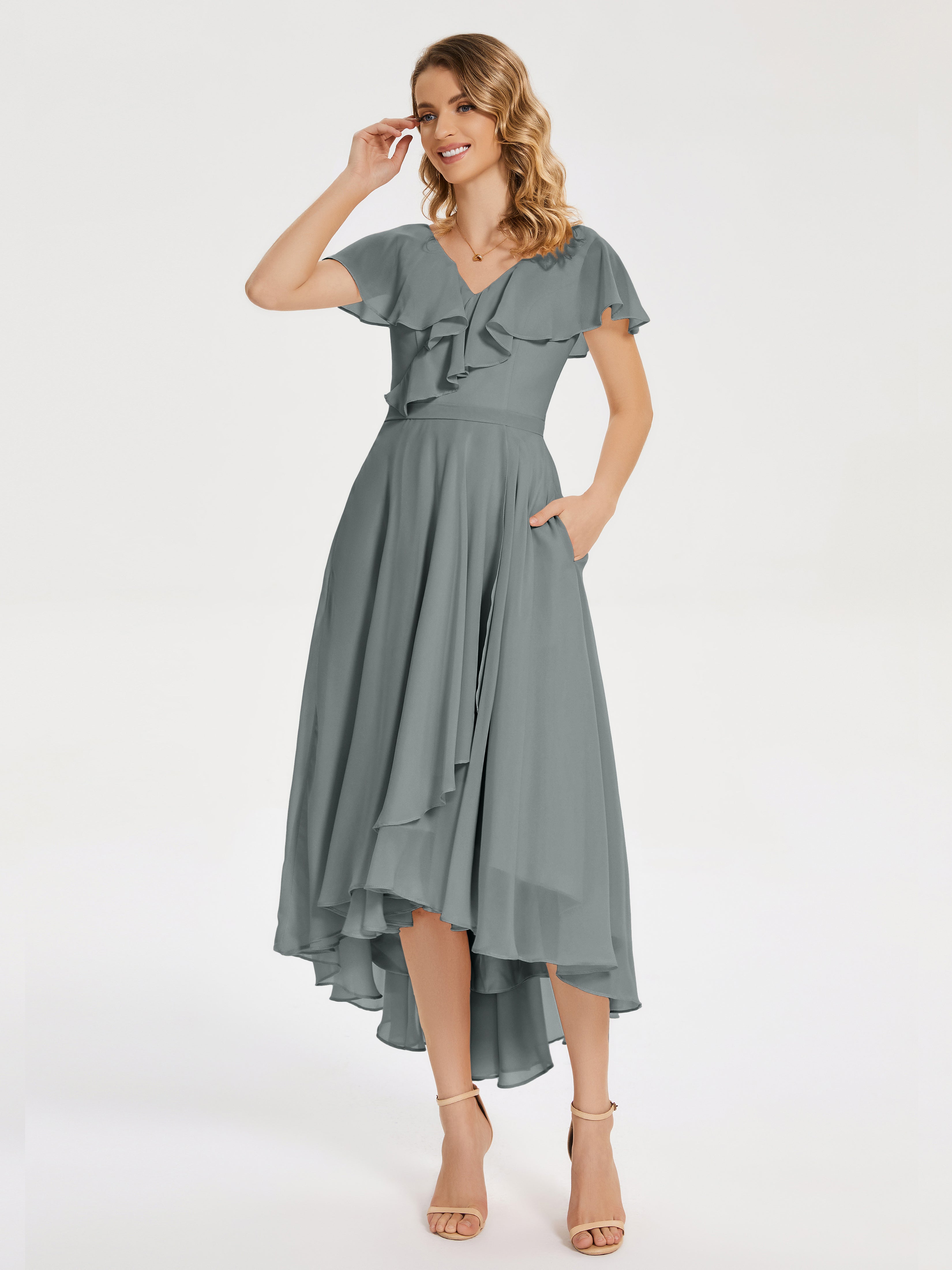 Robe De Demoiselle D Honneur Grise Col V Asymétrique Robes Demoiselle D'Honneur À Volants