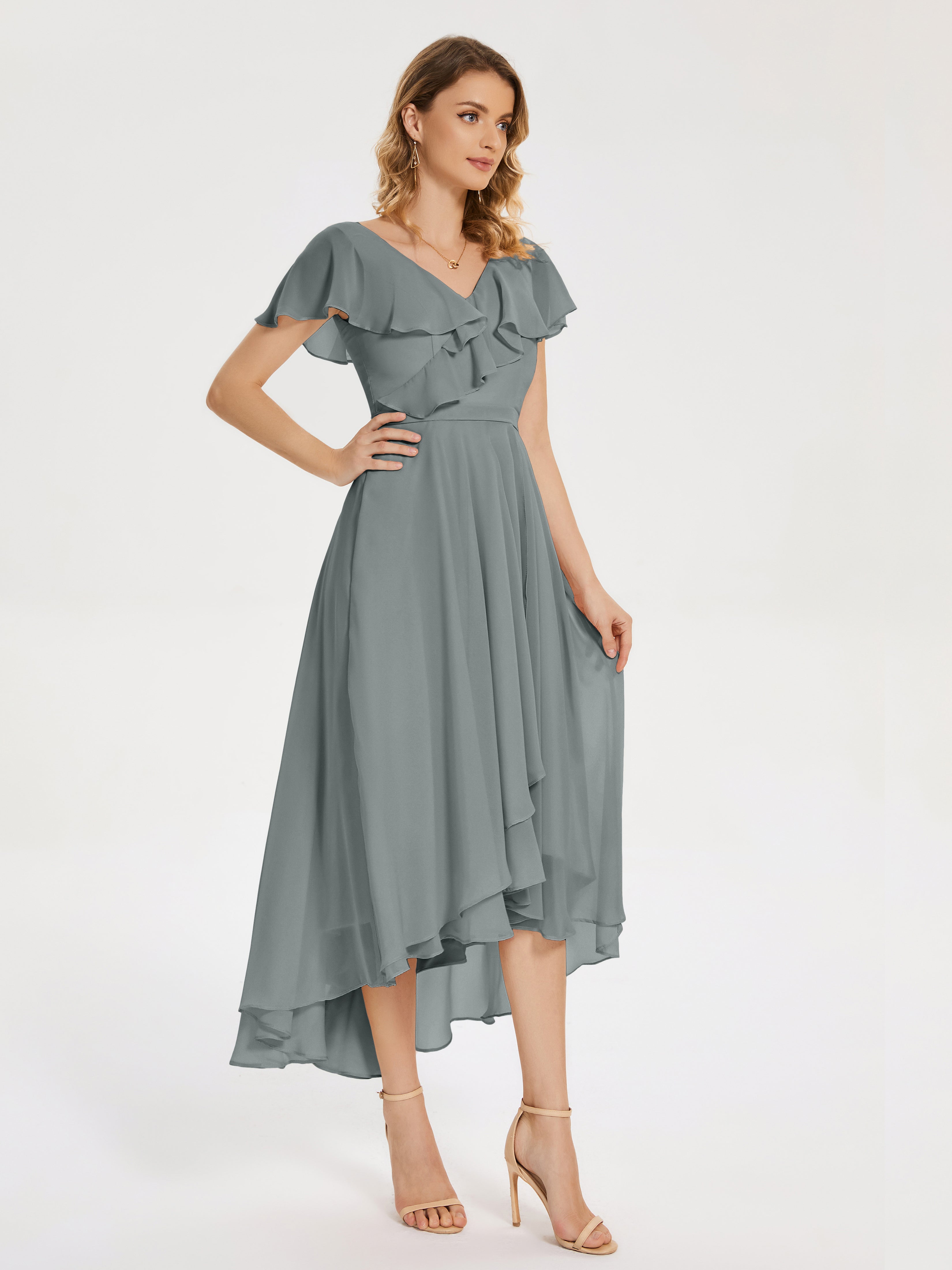 Robe De Demoiselle D Honneur Grise Col V Asymétrique Robes Demoiselle D'Honneur À Volants