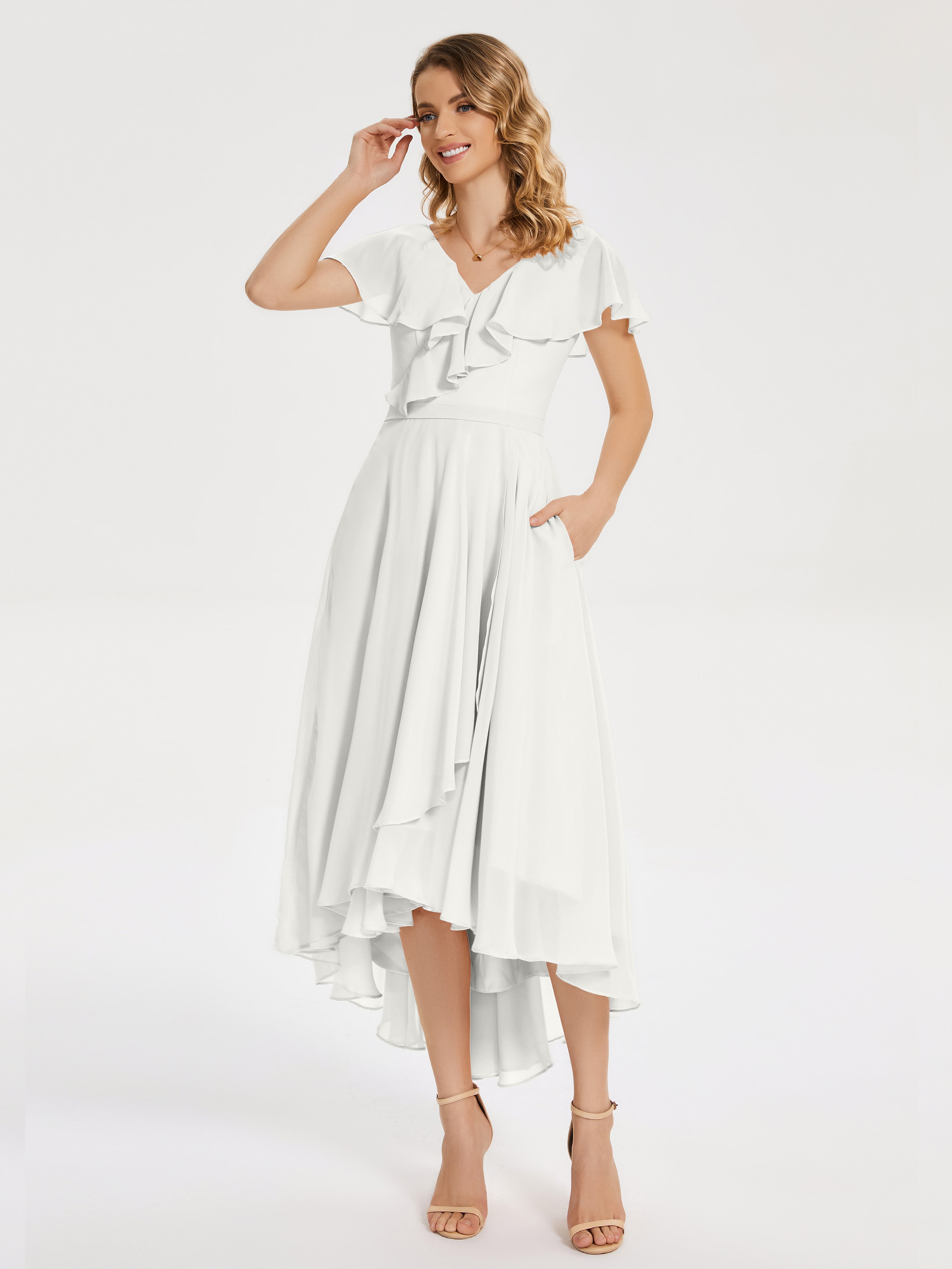 Robe Demoiselle D Honneur Ivoire Col V Asymétrique Robes Demoiselle D'Honneur À Volants