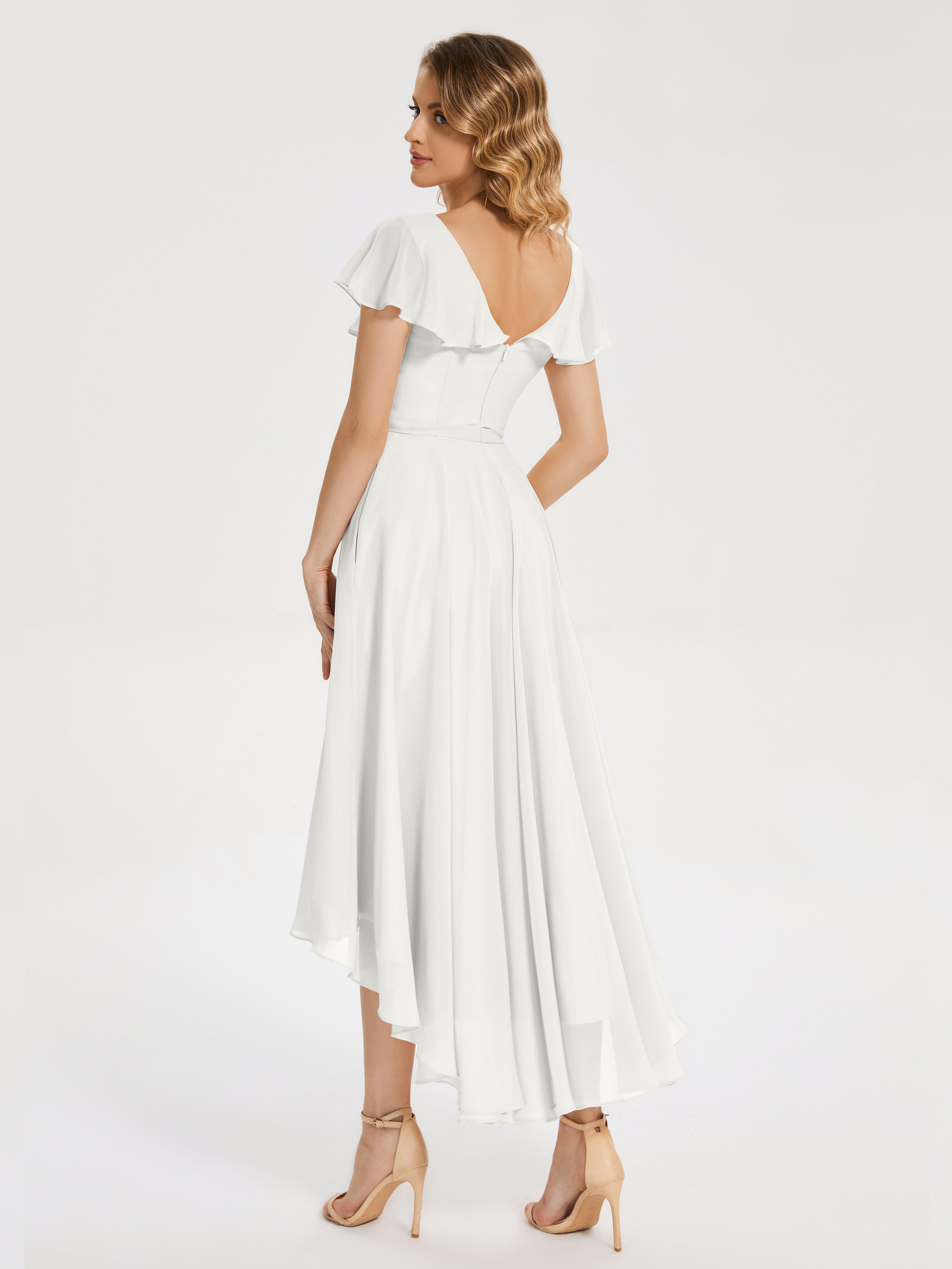 Robe Demoiselle D Honneur Ivoire Col V Asymétrique Robes Demoiselle D'Honneur À Volants