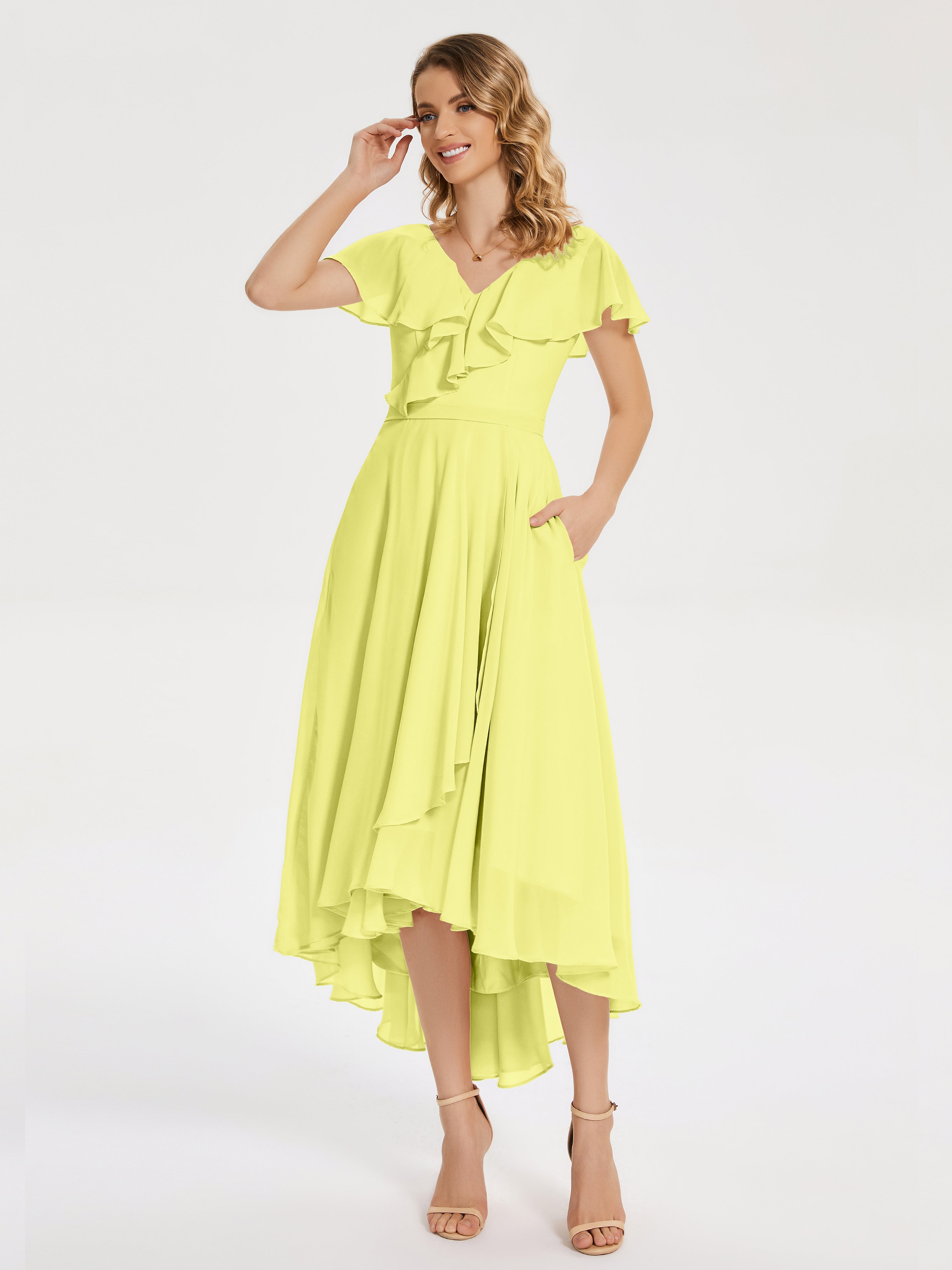 Robes De Demoiselle D'Honneur Jonquille Col V Asymétrique Robes Demoiselle D'Honneur À Volants