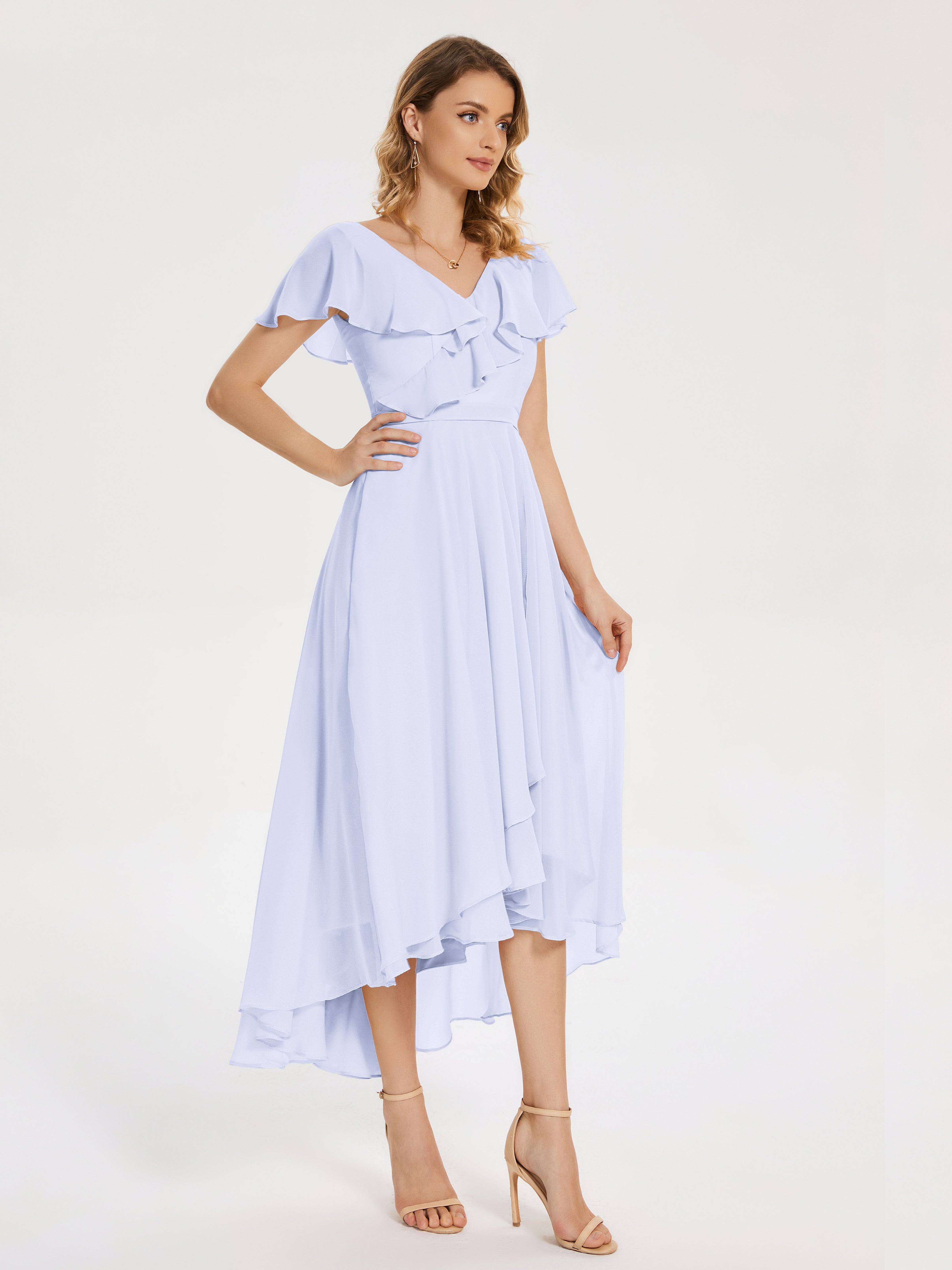 Robes De Demoiselle D'Honneur Lavande Col V Asymétrique Robes Demoiselle D'Honneur À Volants