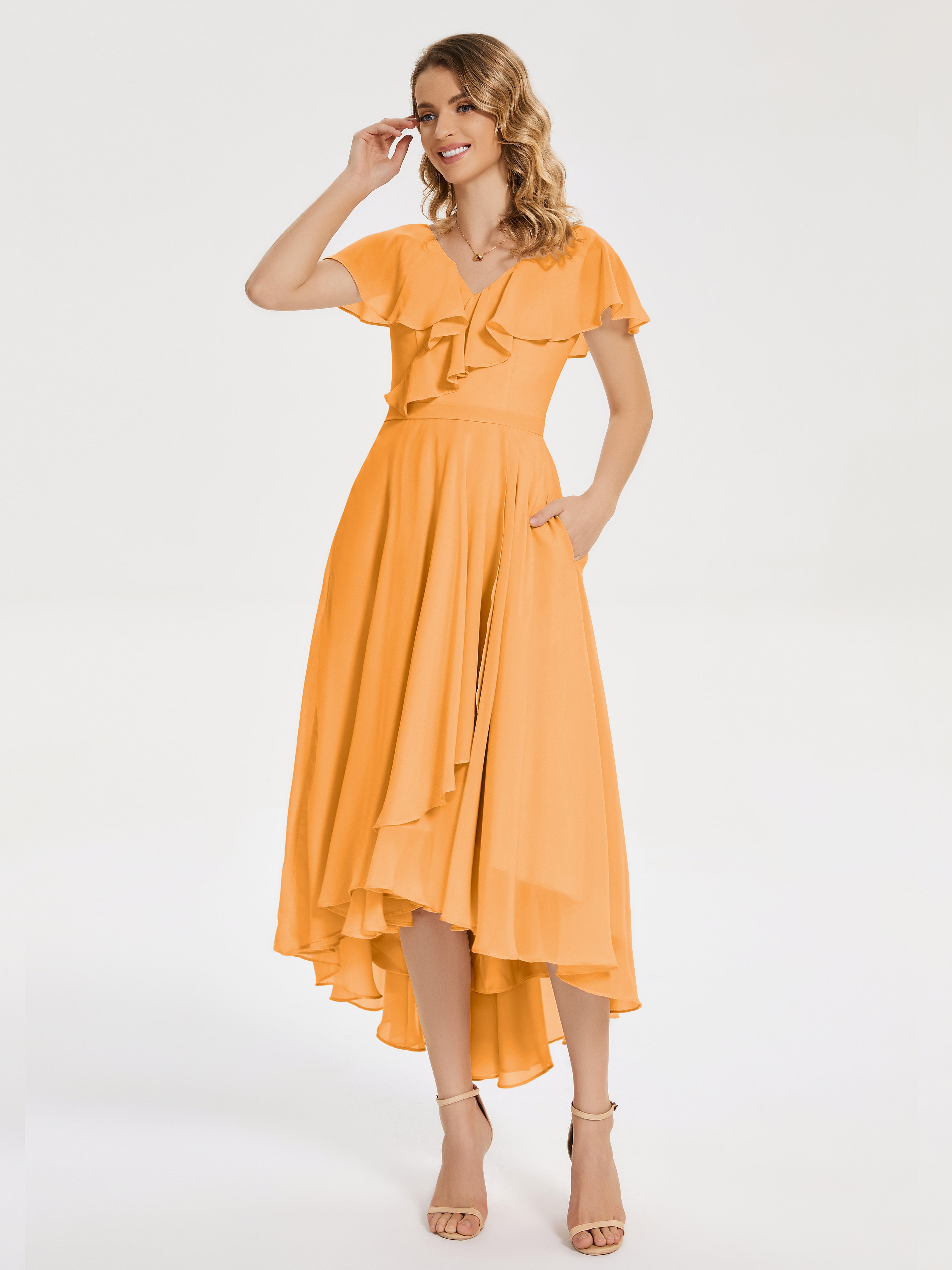 Robes De Demoiselle D'Honneur Mandarine Col V Asymétrique Robes Demoiselle D'Honneur À Volants