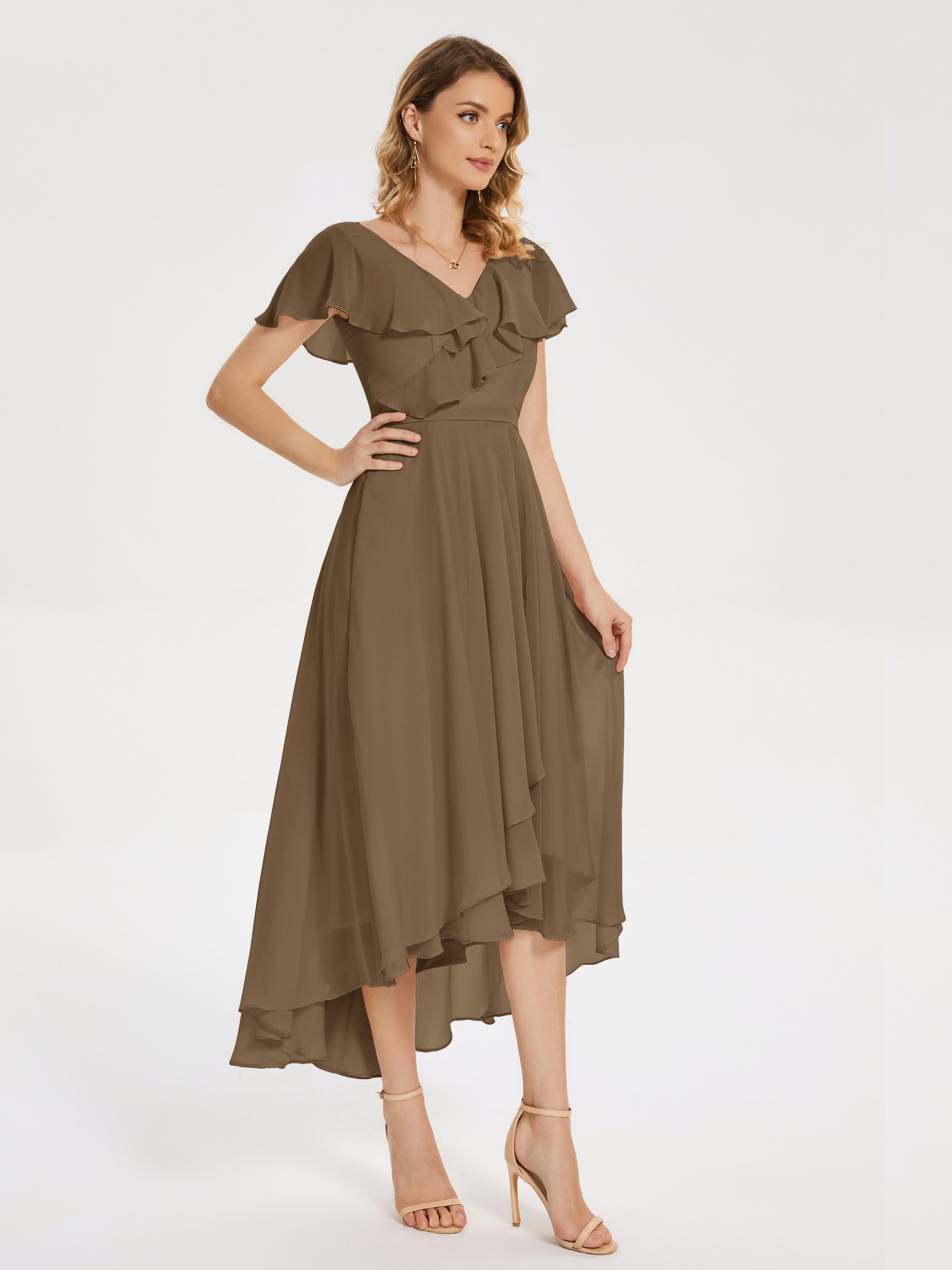 Robe De Demoiselle D'Honneur Moka Col V Asymétrique Robes Demoiselle D'Honneur À Volants