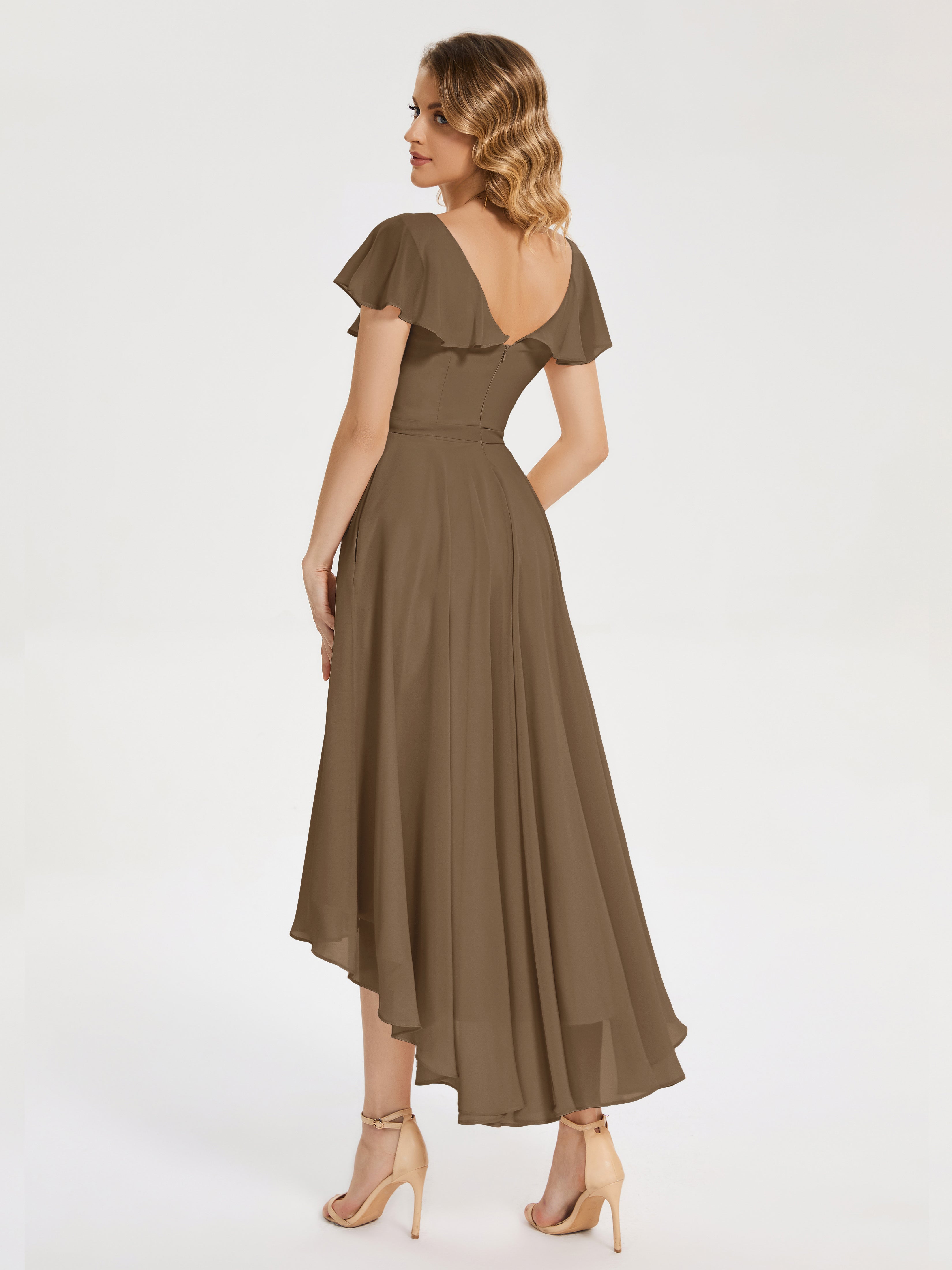 Robe De Demoiselle D'Honneur Moka Col V Asymétrique Robes Demoiselle D'Honneur À Volants