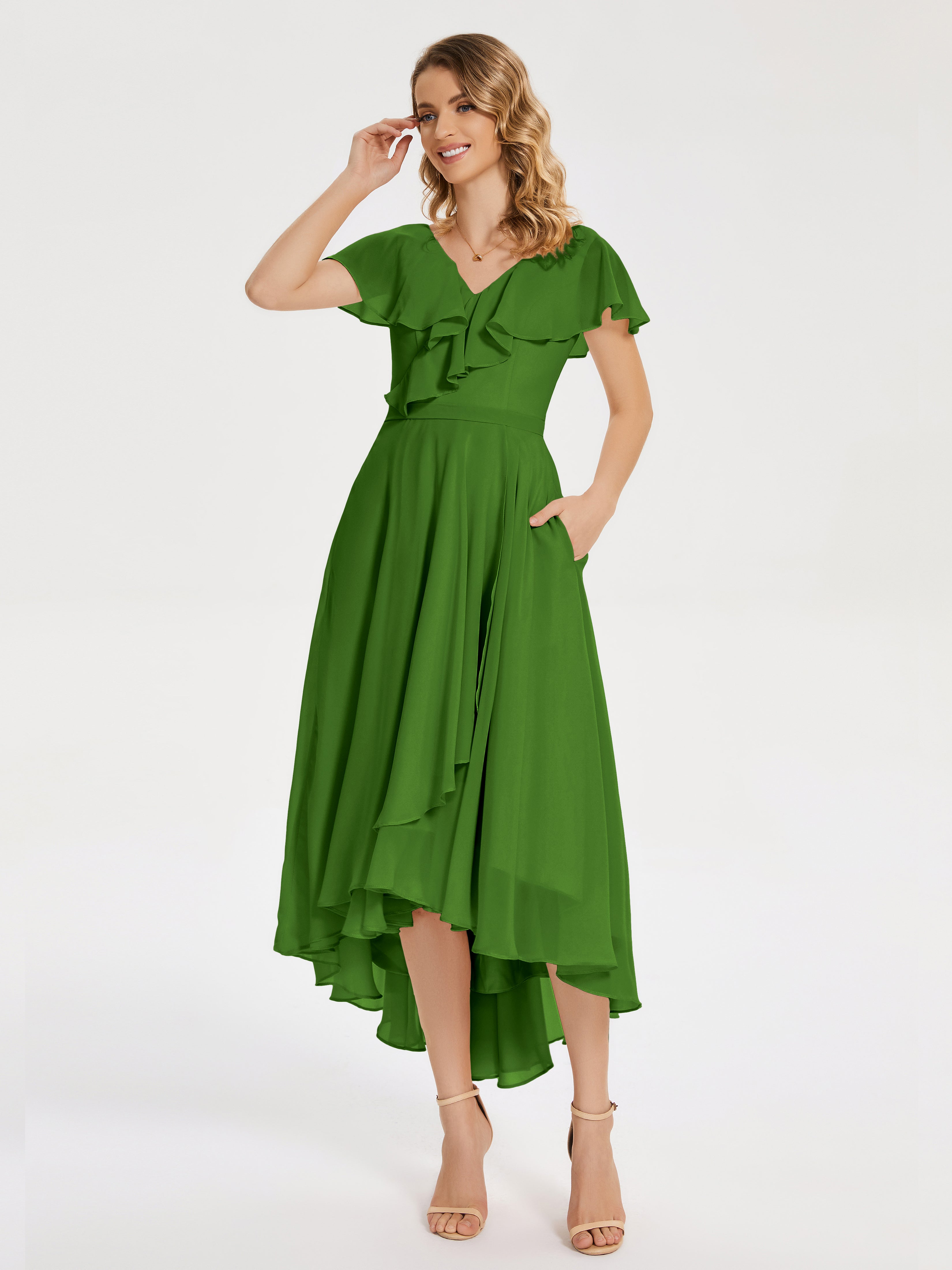 Robes De Demoiselle D'Honneur Vert Mousse Col V Asymétrique Robes Demoiselle D'Honneur À Volants