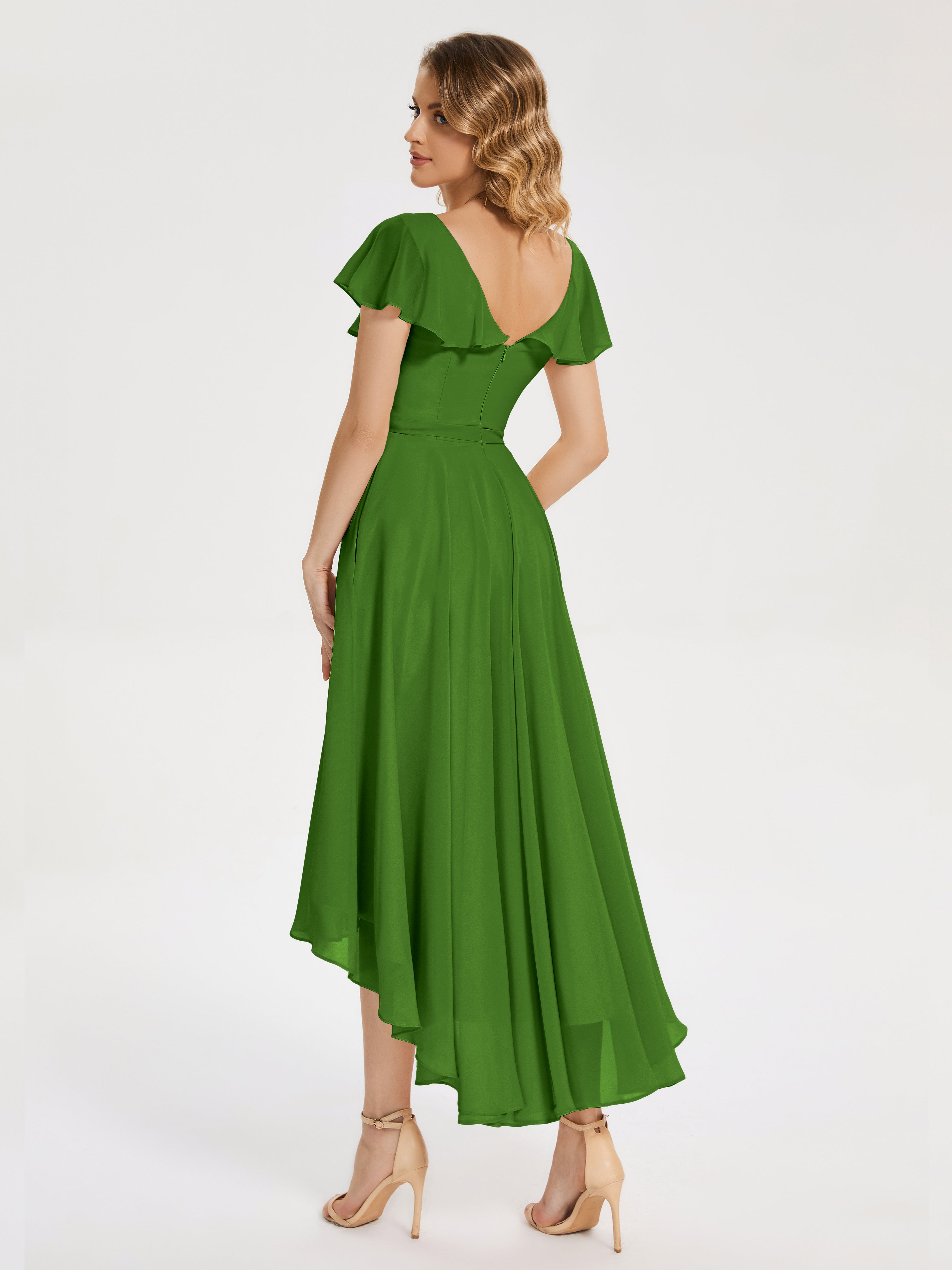 Robes De Demoiselle D'Honneur Vert Mousse Col V Asymétrique Robes Demoiselle D'Honneur À Volants