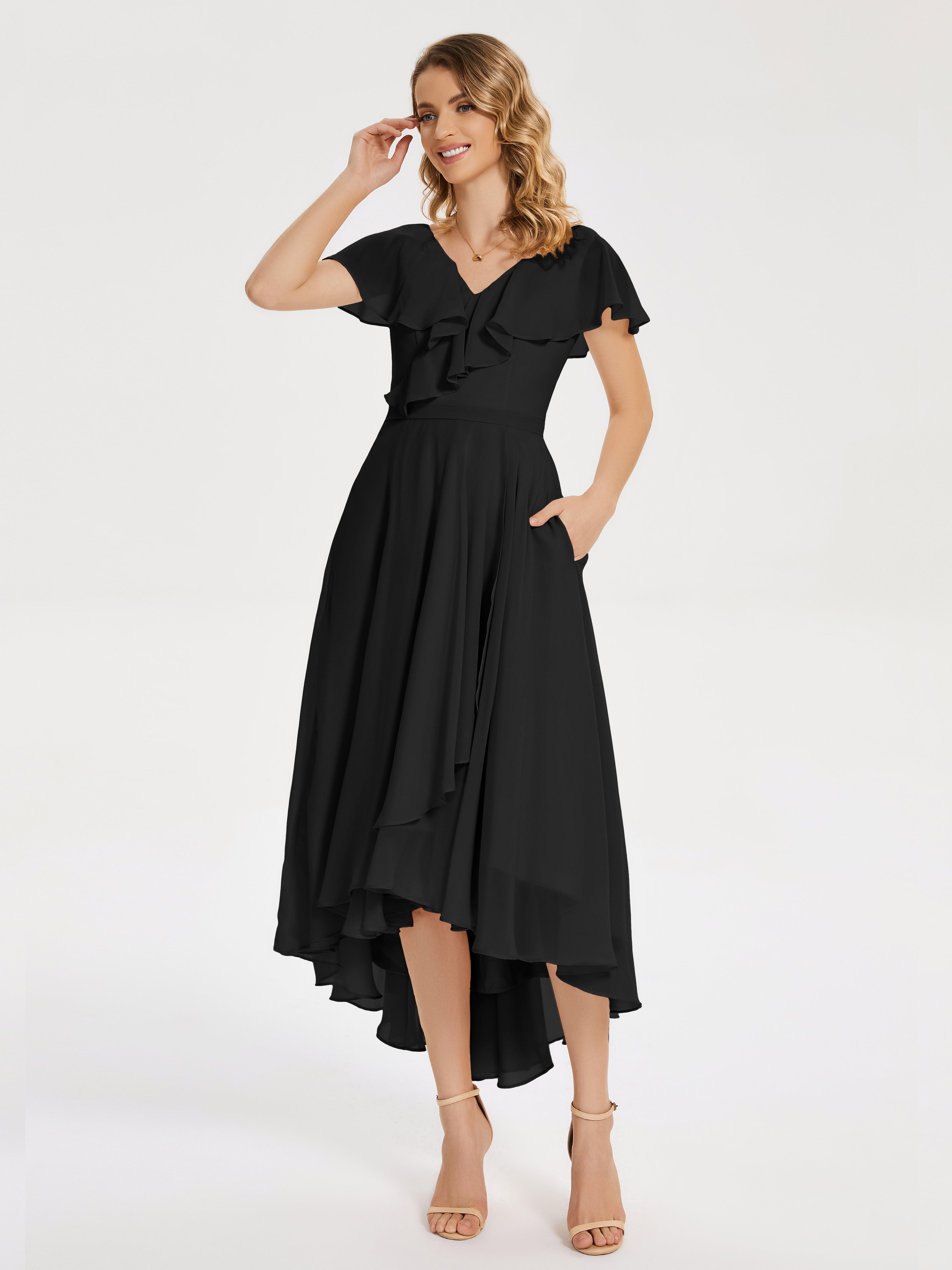 Robe Demoiselle D Honneur Noire Col V Asymétrique Robes Demoiselle D'Honneur À Volants