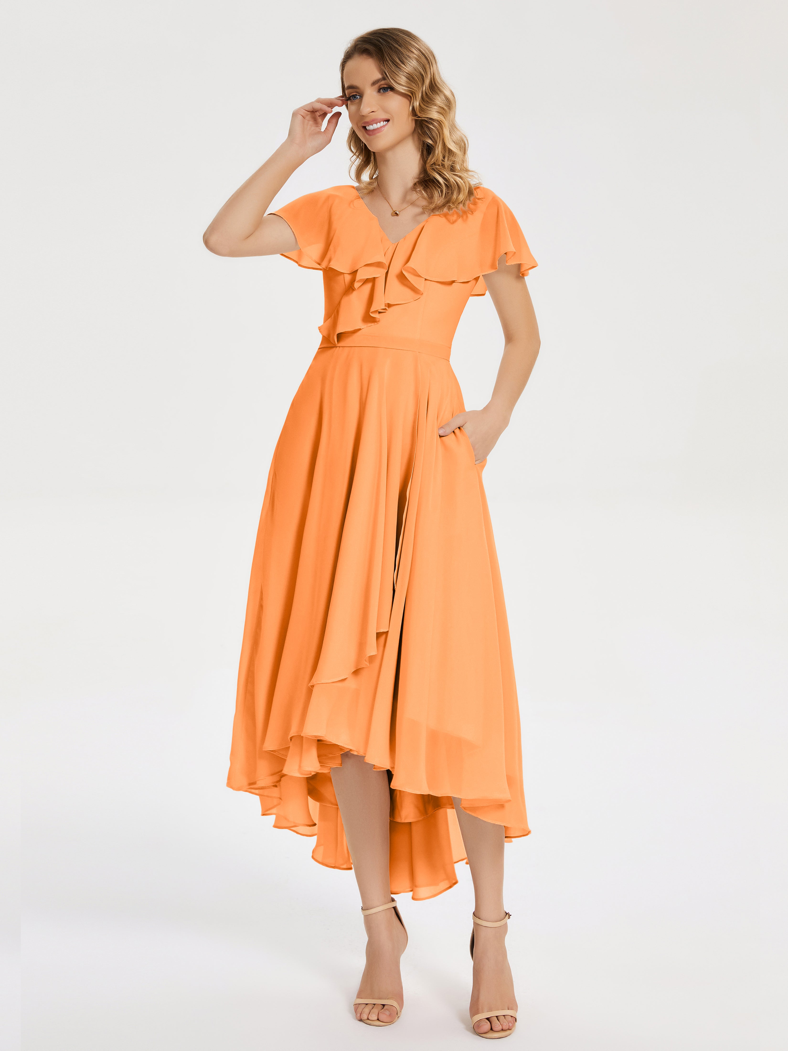 Robe Demoiselle Dhonneur Orange Col V Asymétrique Robes Demoiselle D'Honneur À Volants