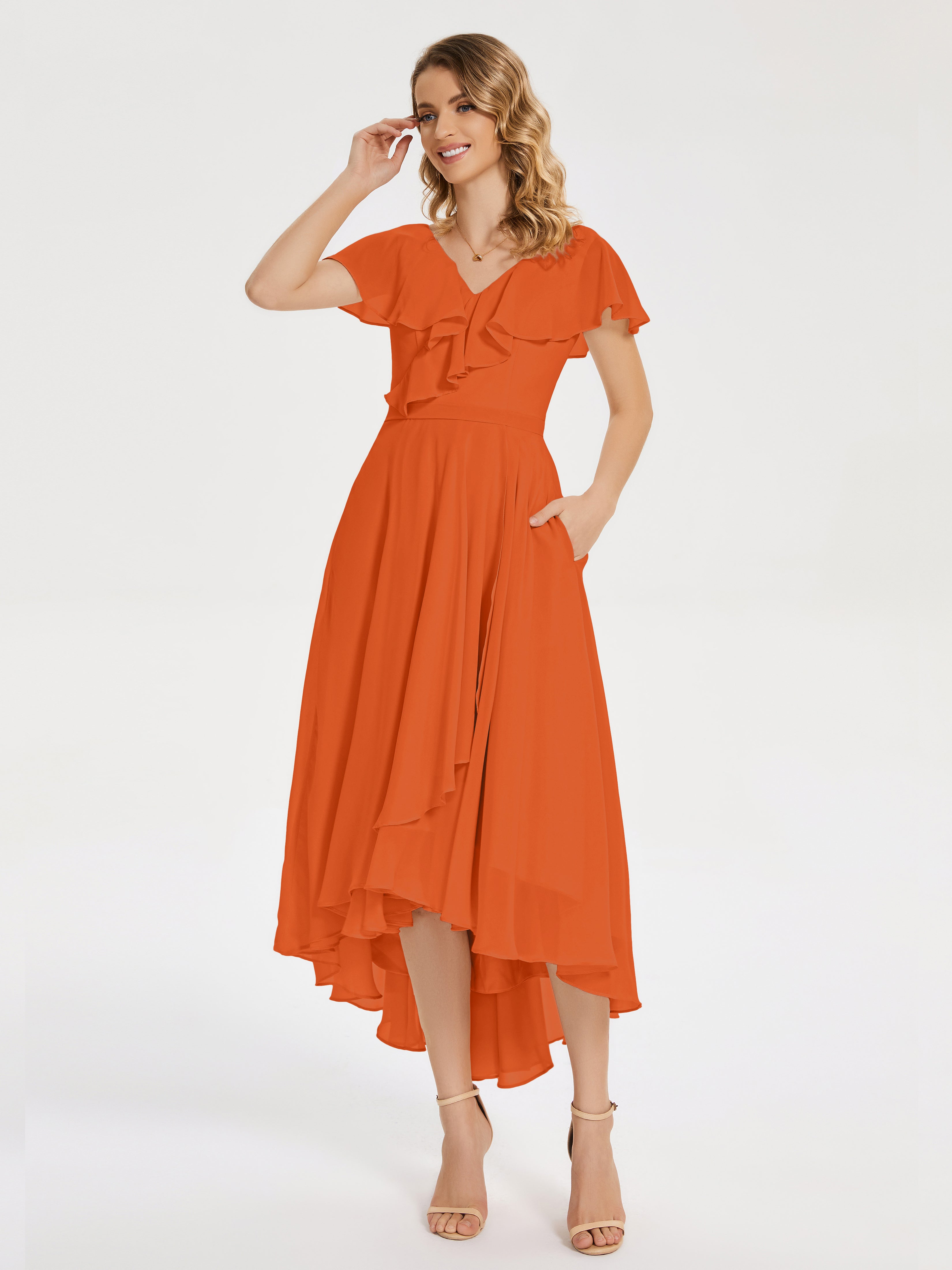 Robe Demoiselle D Honneur Orange Brulé Col V Asymétrique Robes Demoiselle D'Honneur À Volants