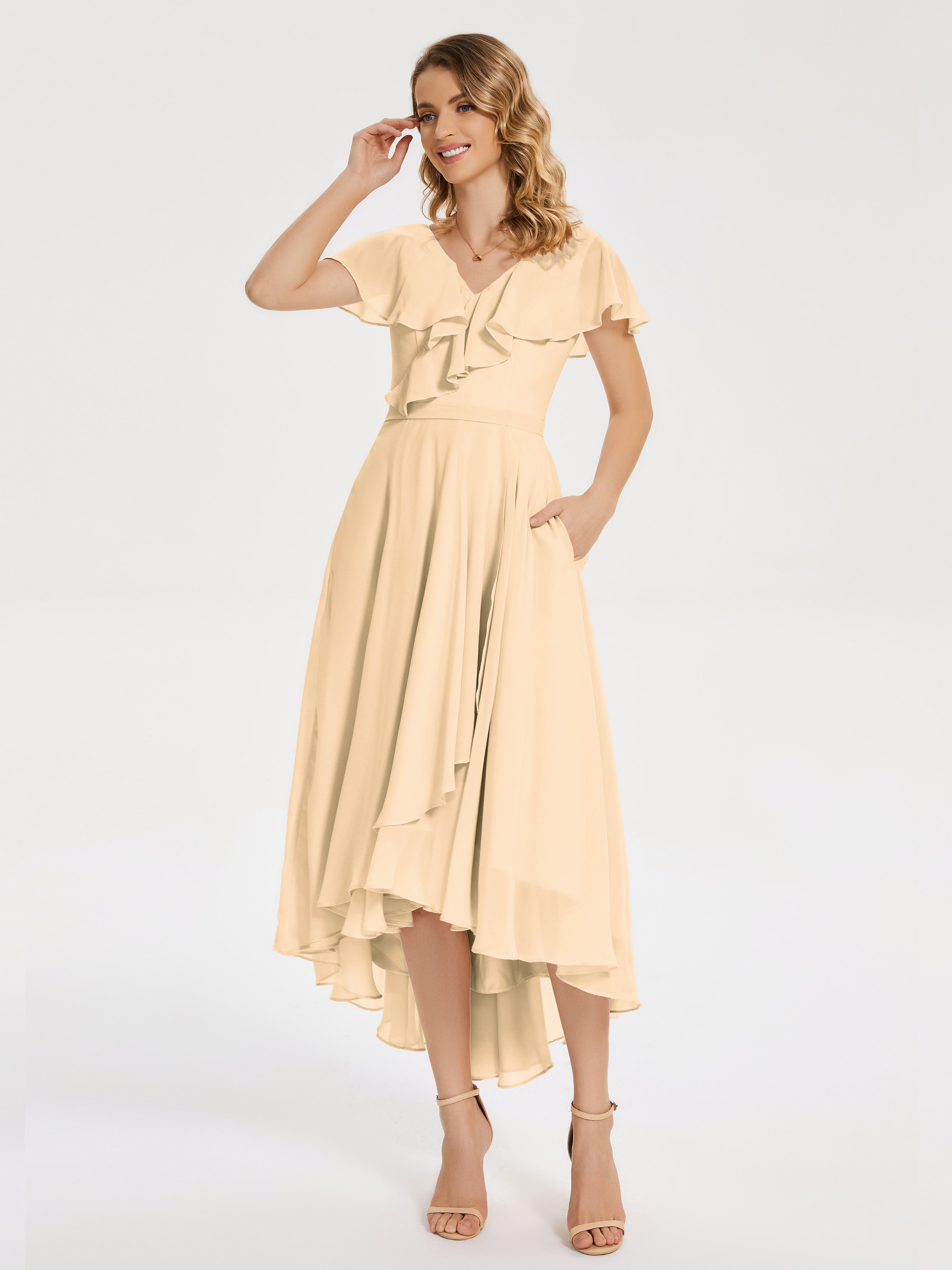 Robe De Demoiselle D Honneur Peche Col V Asymétrique Robes Demoiselle D'Honneur À Volants