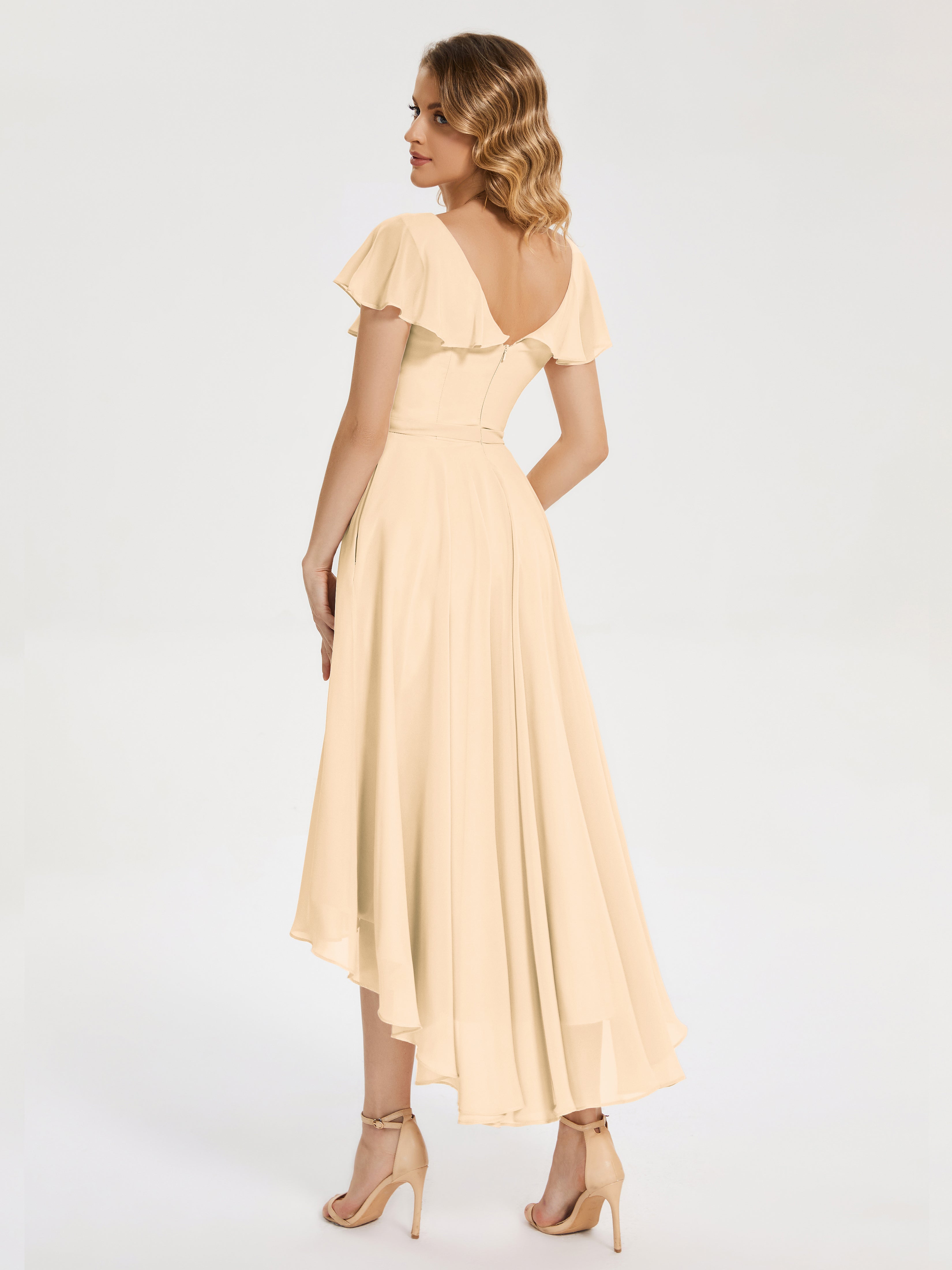 Robe De Demoiselle D Honneur Peche Col V Asymétrique Robes Demoiselle D'Honneur À Volants