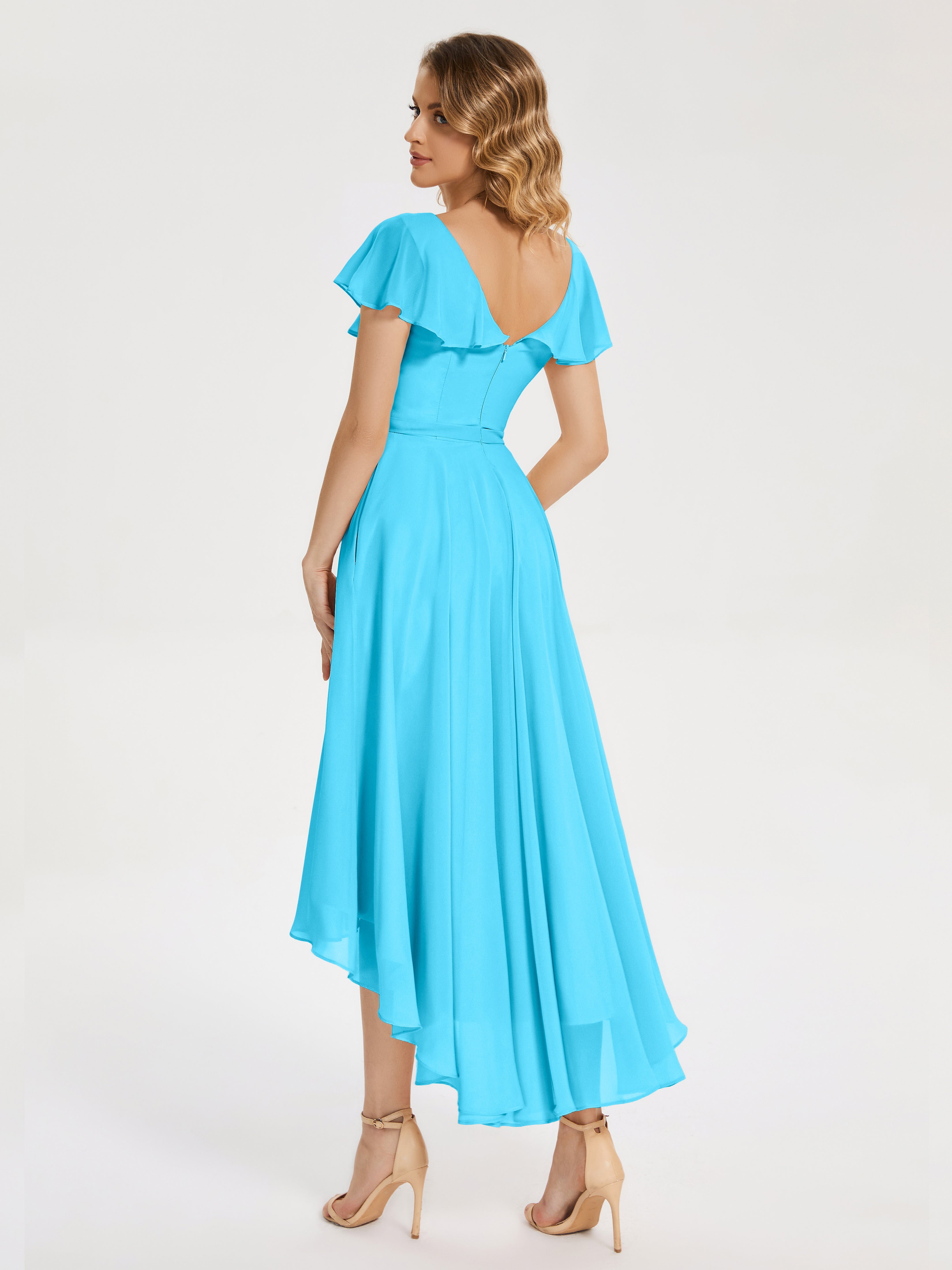 Robe De Demoiselle D'Honneur En Piscine Col V Asymétrique Robes Demoiselle D'Honneur À Volants
