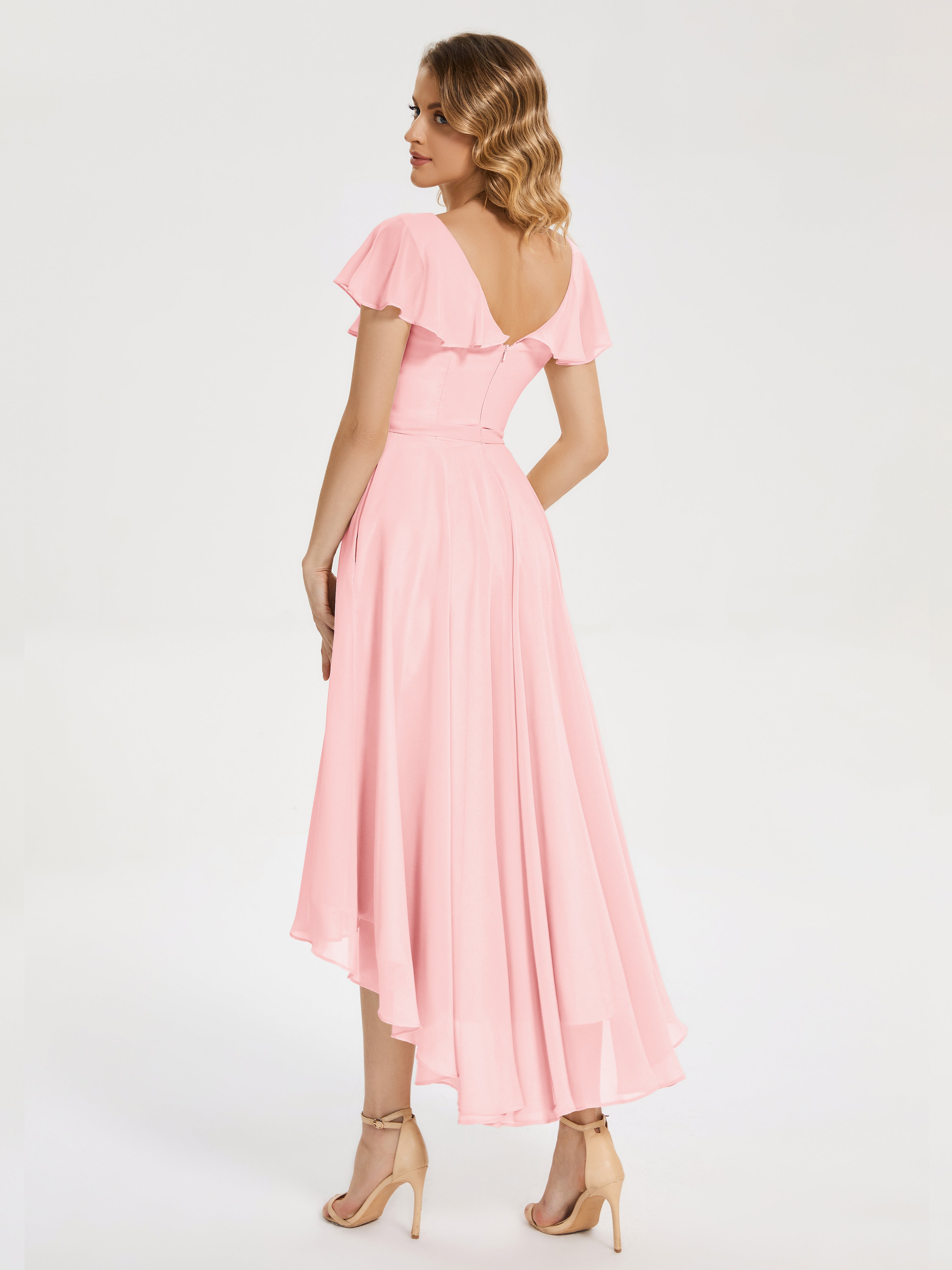 Robes De Demoiselle D'Honneur Roses Bon Marché Col V Asymétrique Robes Demoiselle D'Honneur À Volants