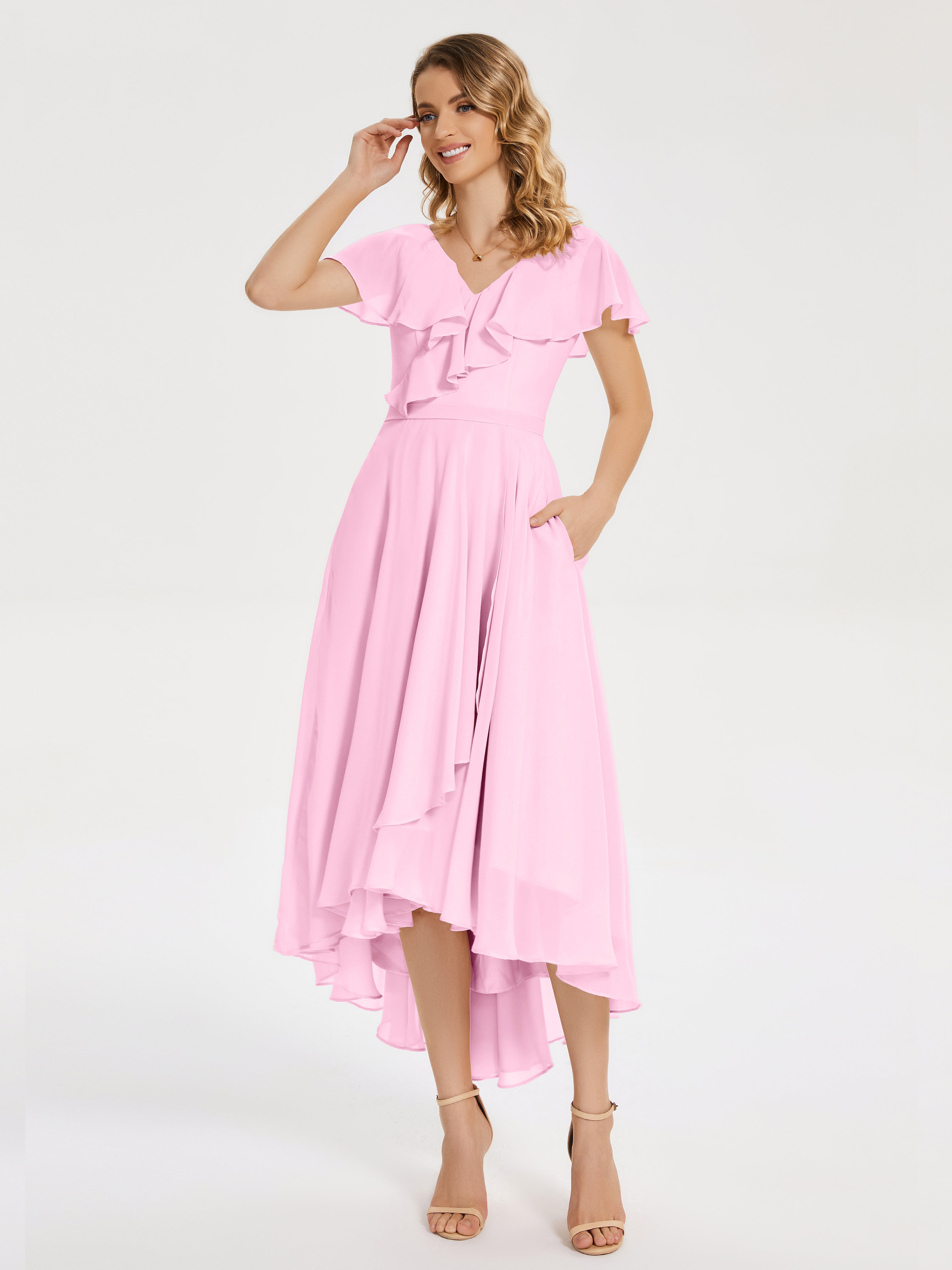 Robe Demoiselle D Honneur Rose Bonbon Col V Asymétrique Robes Demoiselle D'Honneur À Volants