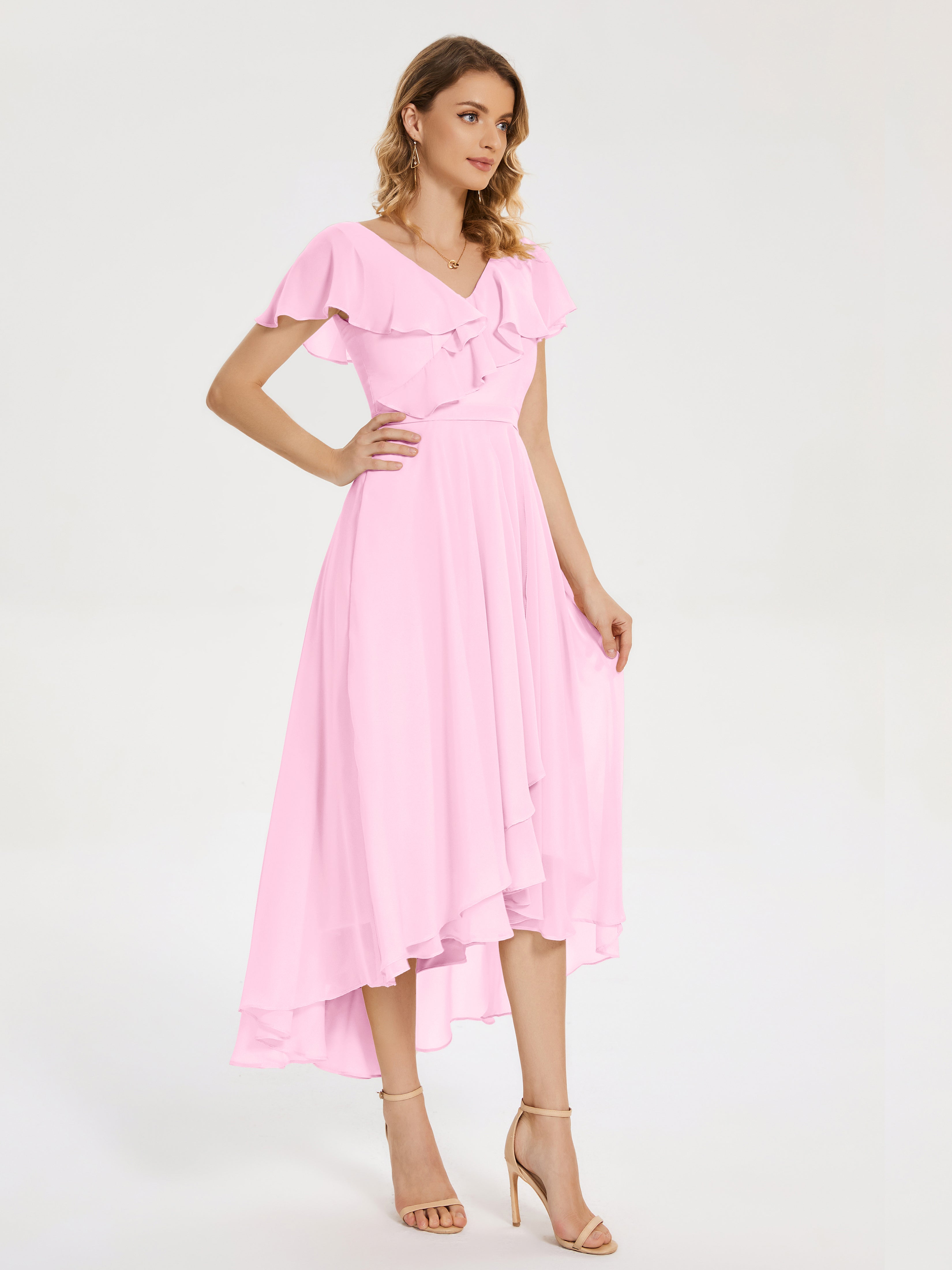 Robe Demoiselle D Honneur Rose Bonbon Col V Asymétrique Robes Demoiselle D'Honneur À Volants