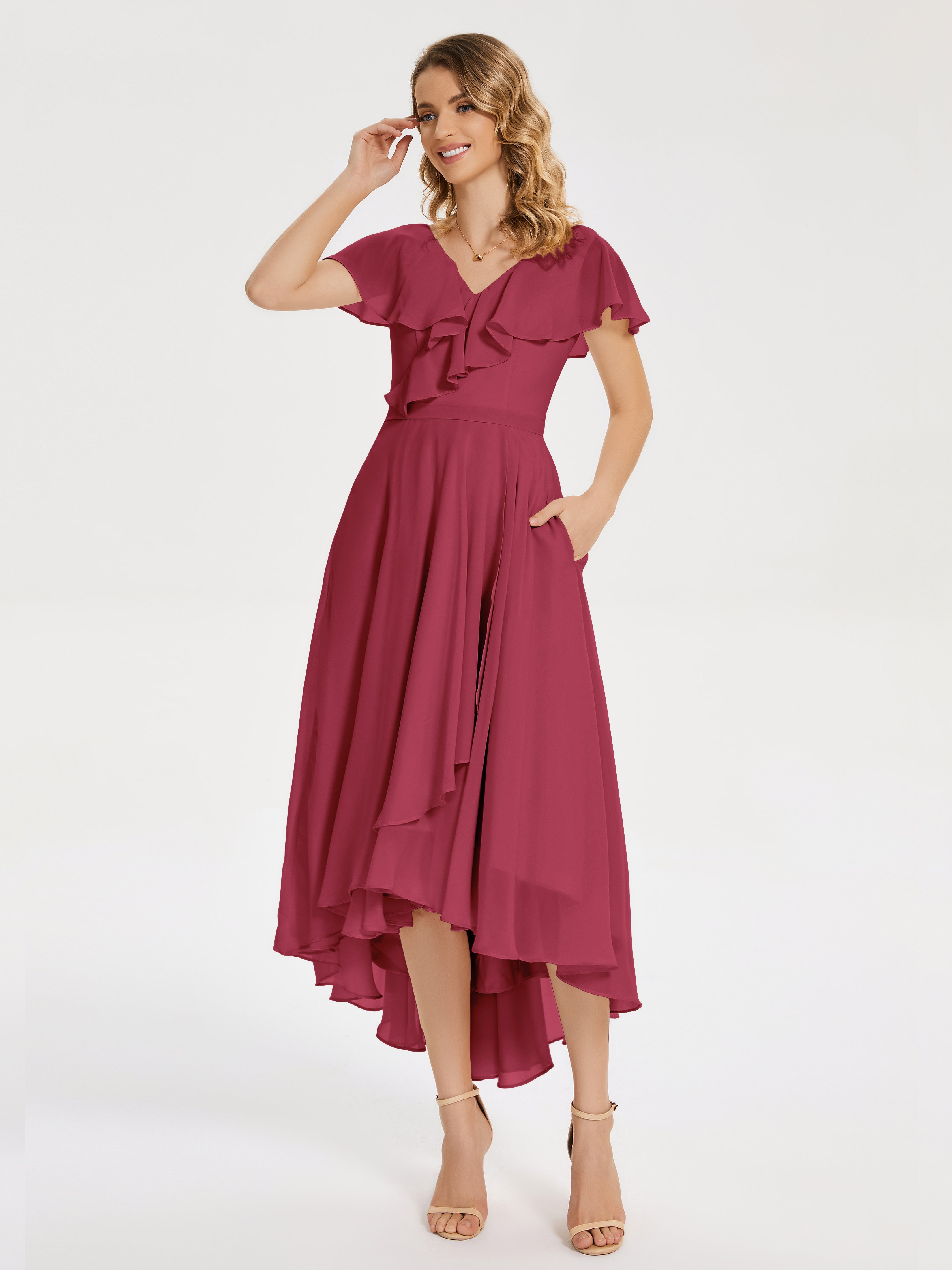 Robe Demoiselle D Honneur Rose Cannelle Col V Asymétrique Robes Demoiselle D'Honneur À Volants