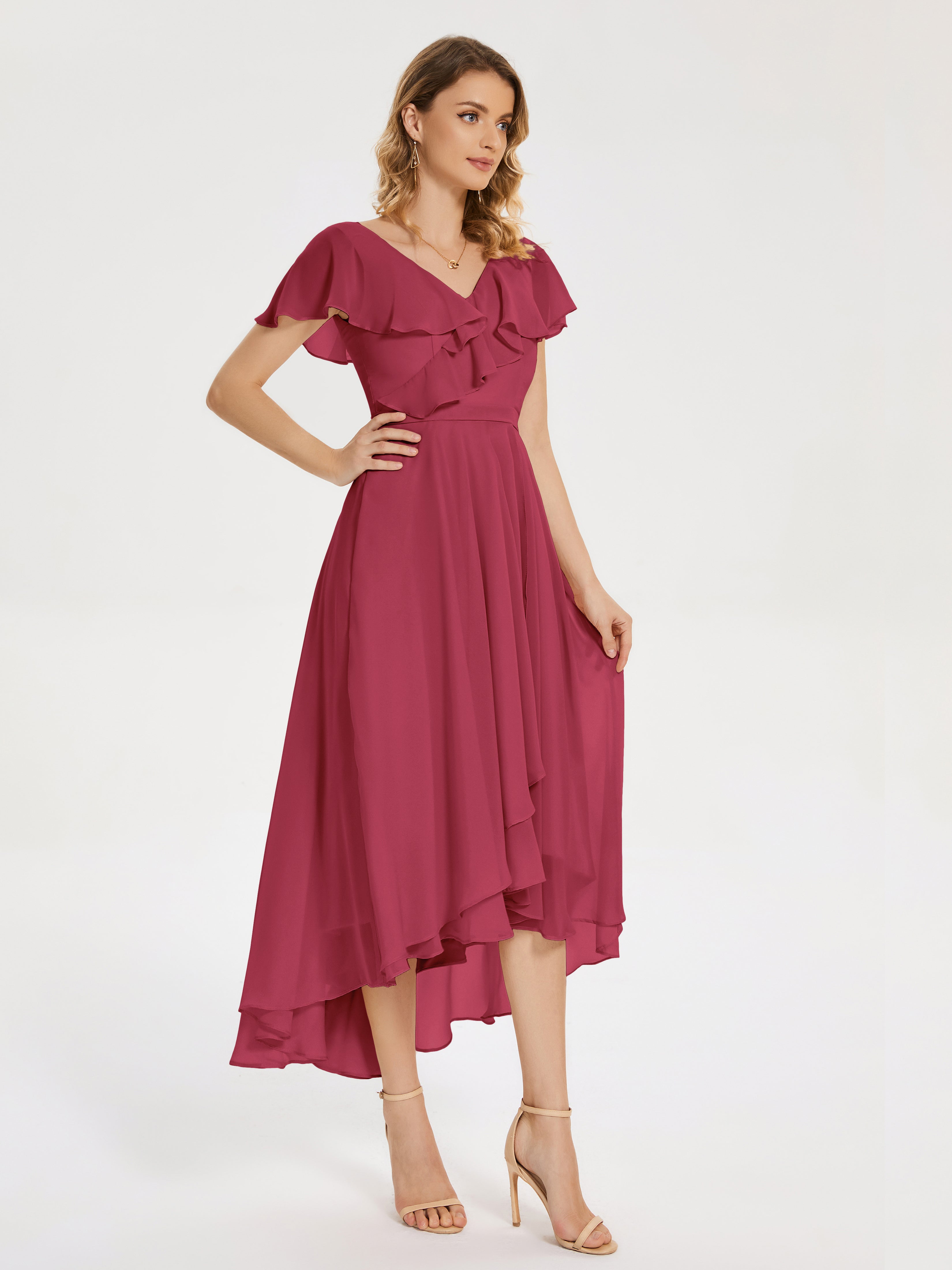 Robe Demoiselle D Honneur Rose Cannelle Col V Asymétrique Robes Demoiselle D'Honneur À Volants