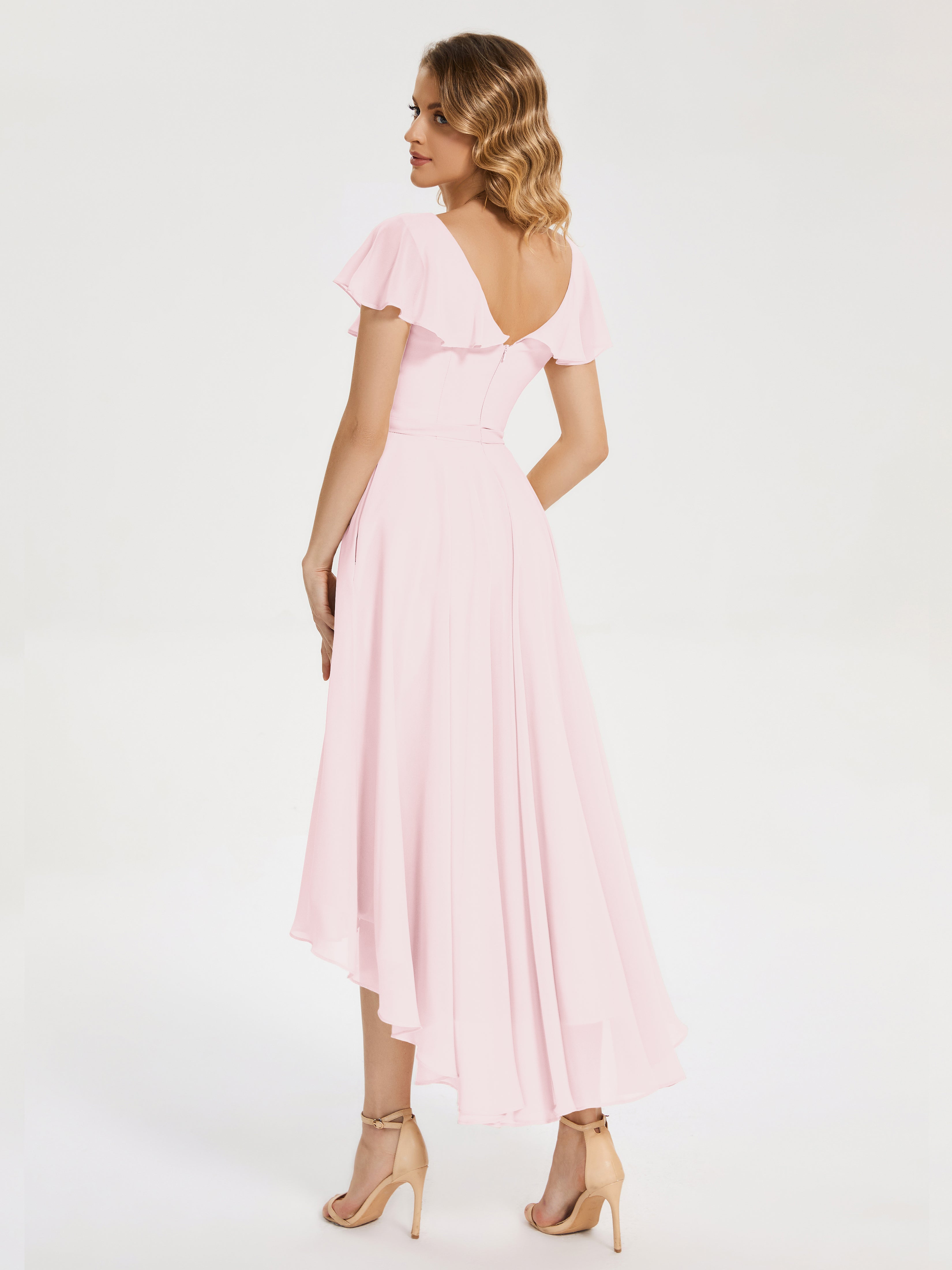 Robe Demoiselle Dhonneur Rose Pale Col V Asymétrique Robes Demoiselle D'Honneur À Volants