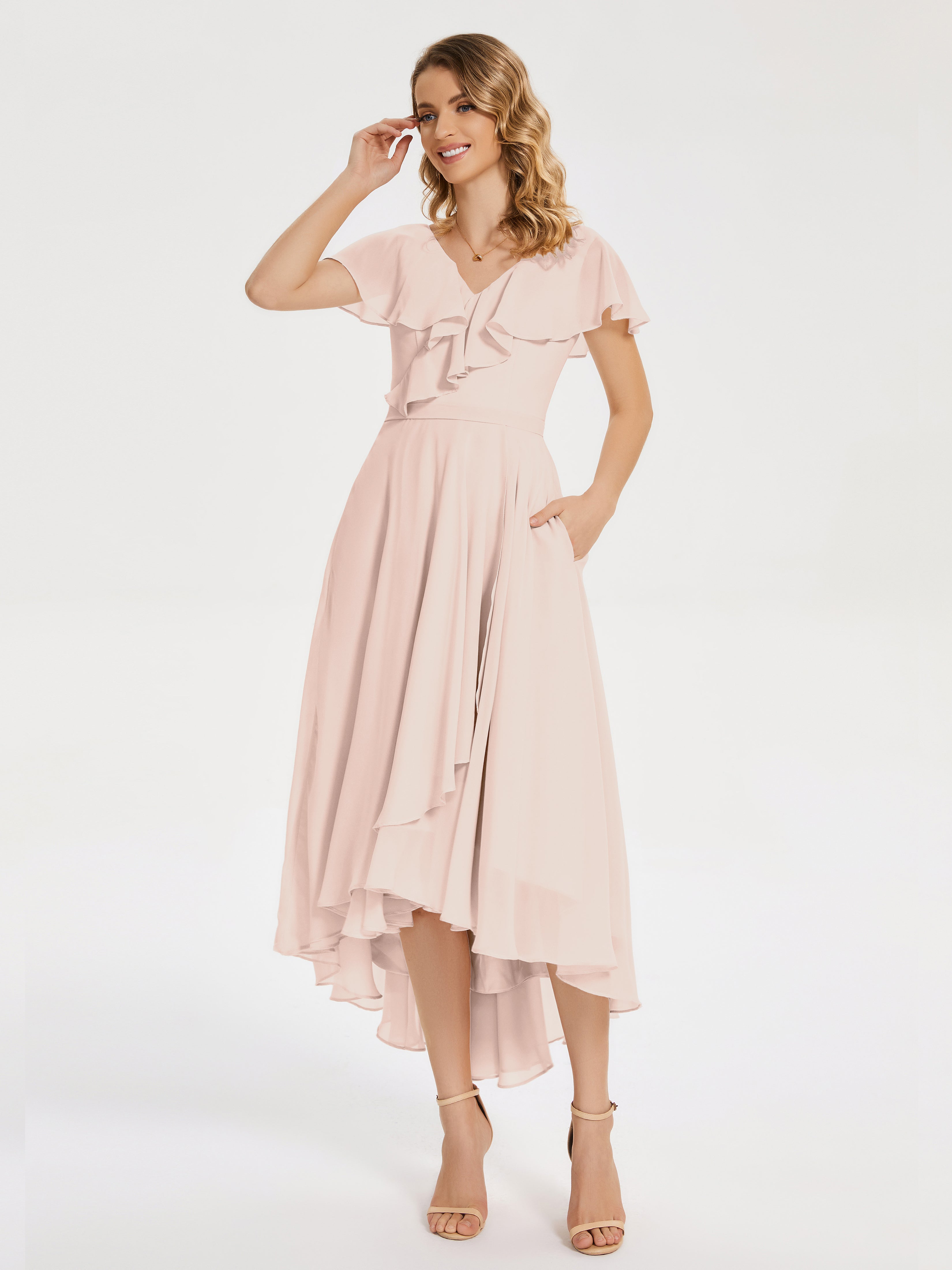 Robe Demoiselle D Honneur Rose Perle Col V Asymétrique Robes Demoiselle D'Honneur À Volants