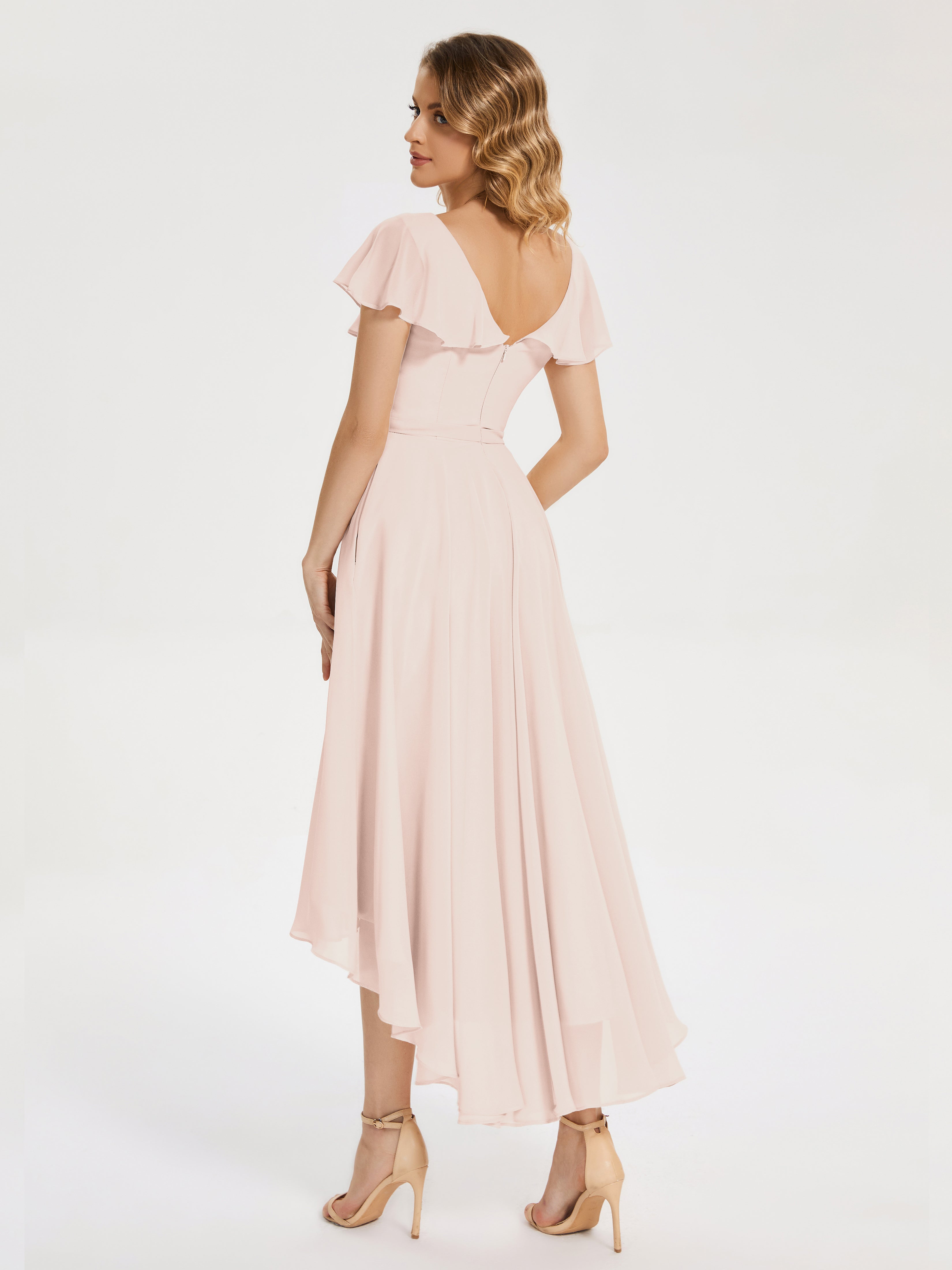 Robe Demoiselle D Honneur Rose Perle Col V Asymétrique Robes Demoiselle D'Honneur À Volants