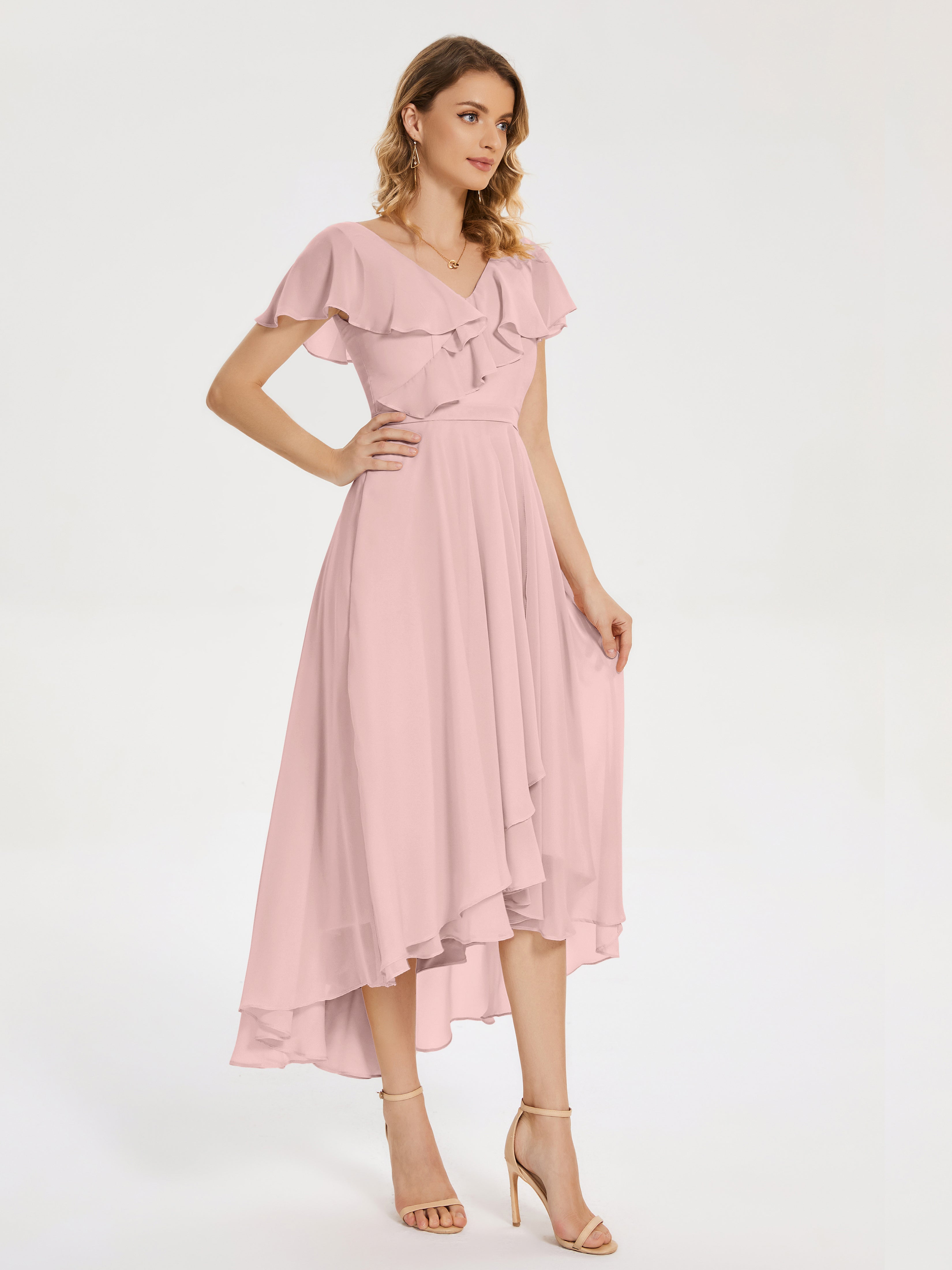 Robe Demoiselle D Honneur Rose Poudré Col V Asymétrique Robes Demoiselle D'Honneur À Volants