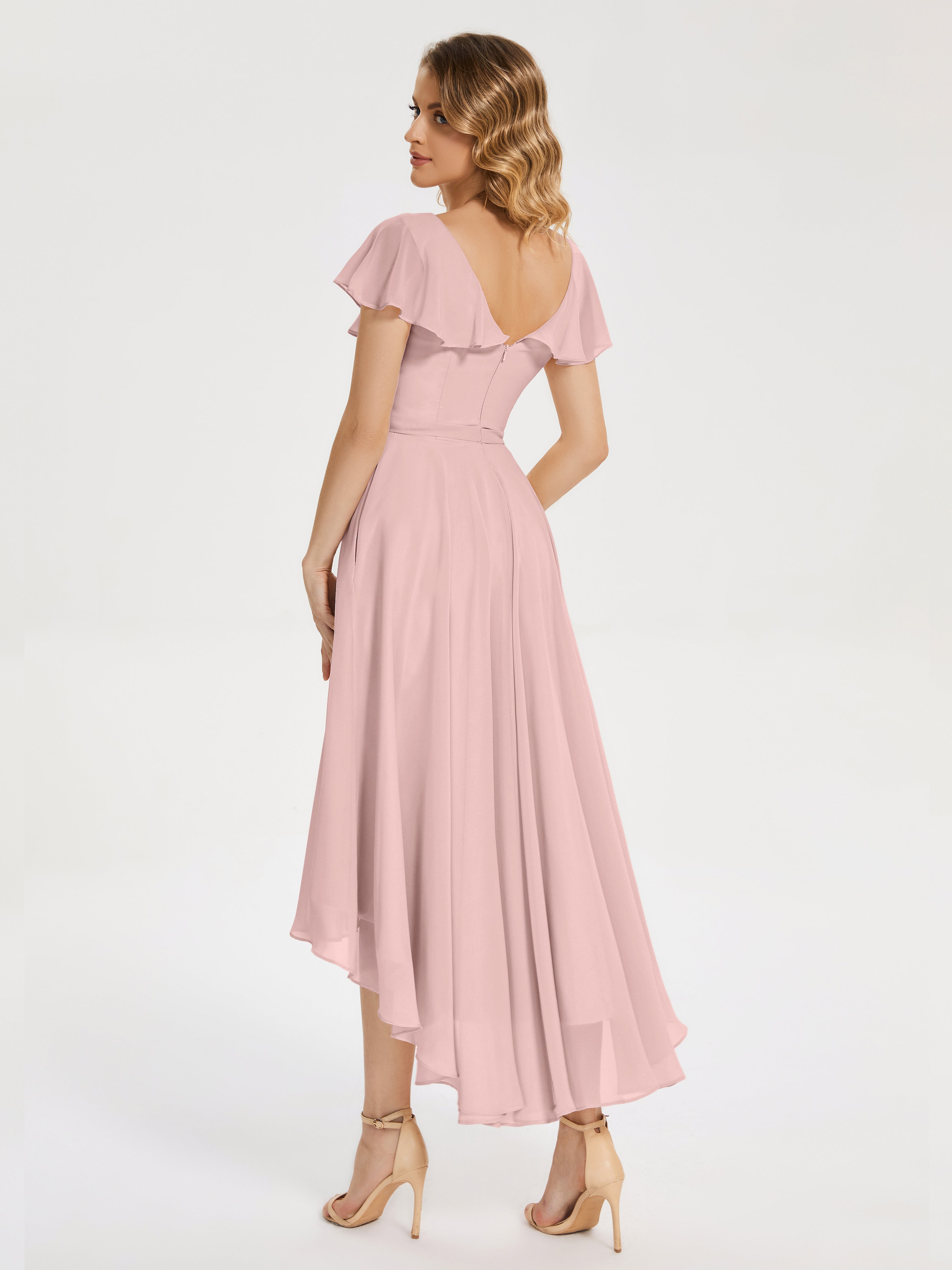 Robe Demoiselle D Honneur Rose Poudré Col V Asymétrique Robes Demoiselle D'Honneur À Volants