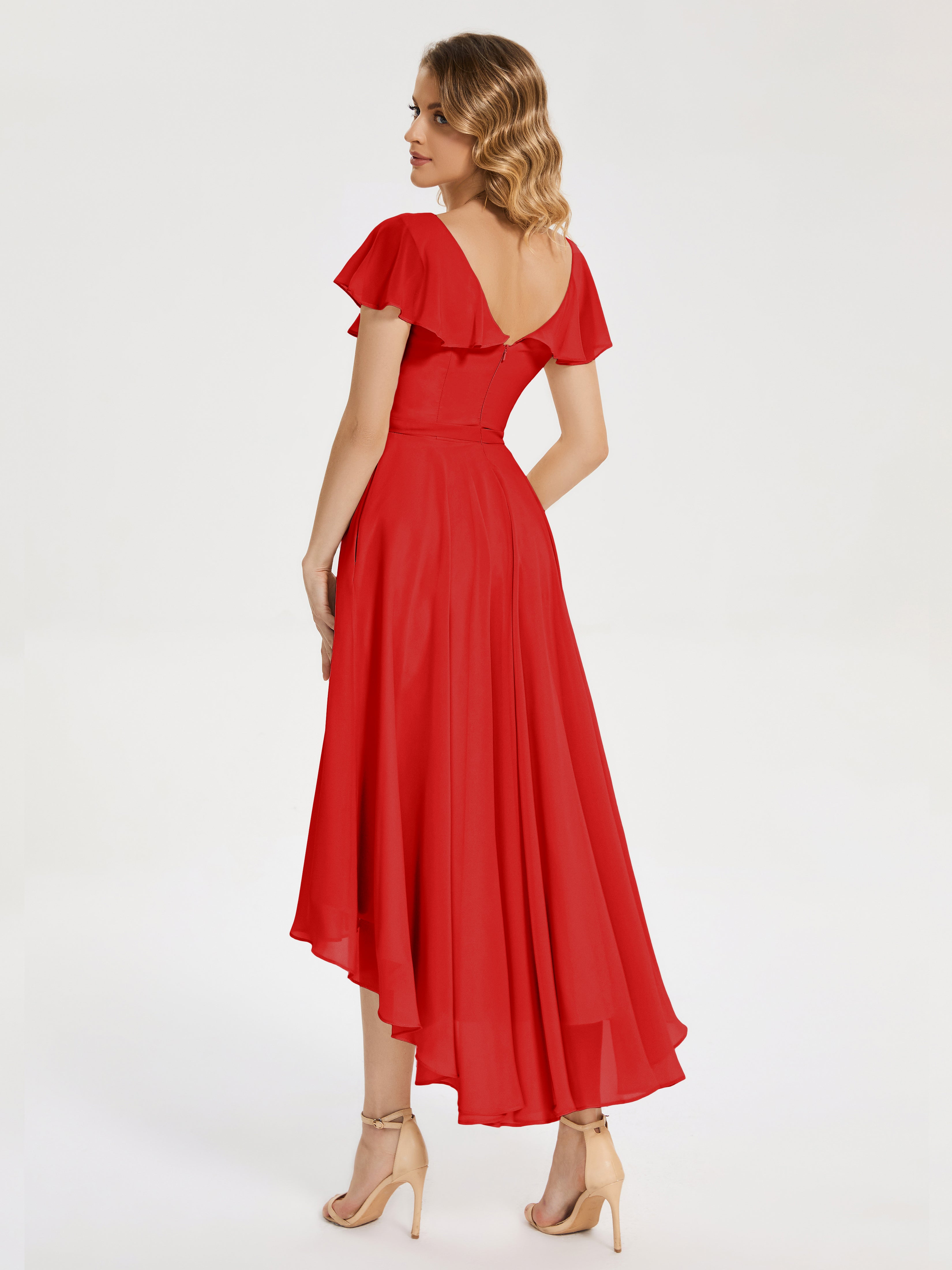 Robes De Demoiselle D'Honneur Rouges Longues Col V Asymétrique Robes Demoiselle D'Honneur À Volants
