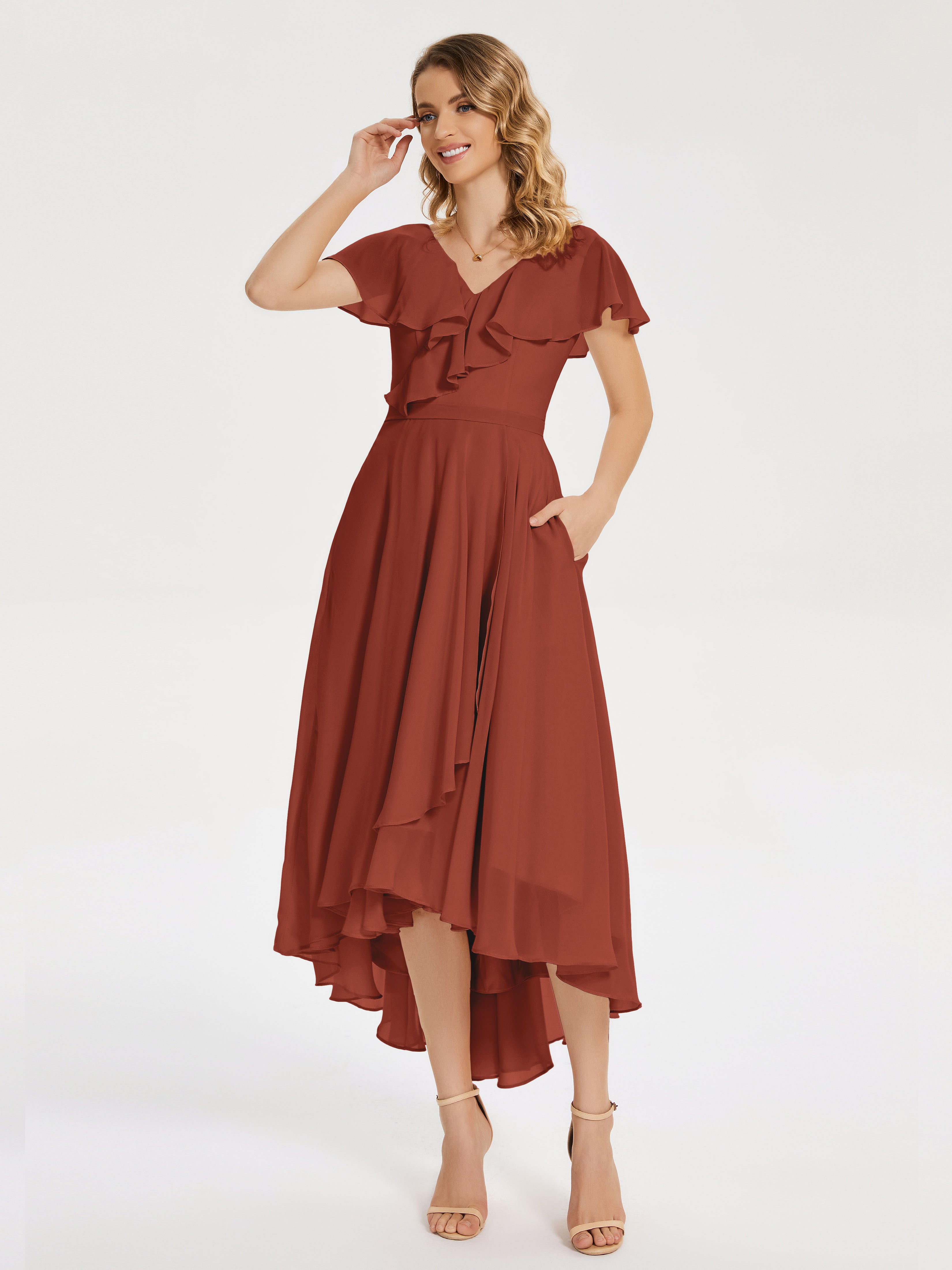 Robe De Demoiselle D'Honneur De Rouille Au Sol Col V Asymétrique Robes Demoiselle D'Honneur À Volants