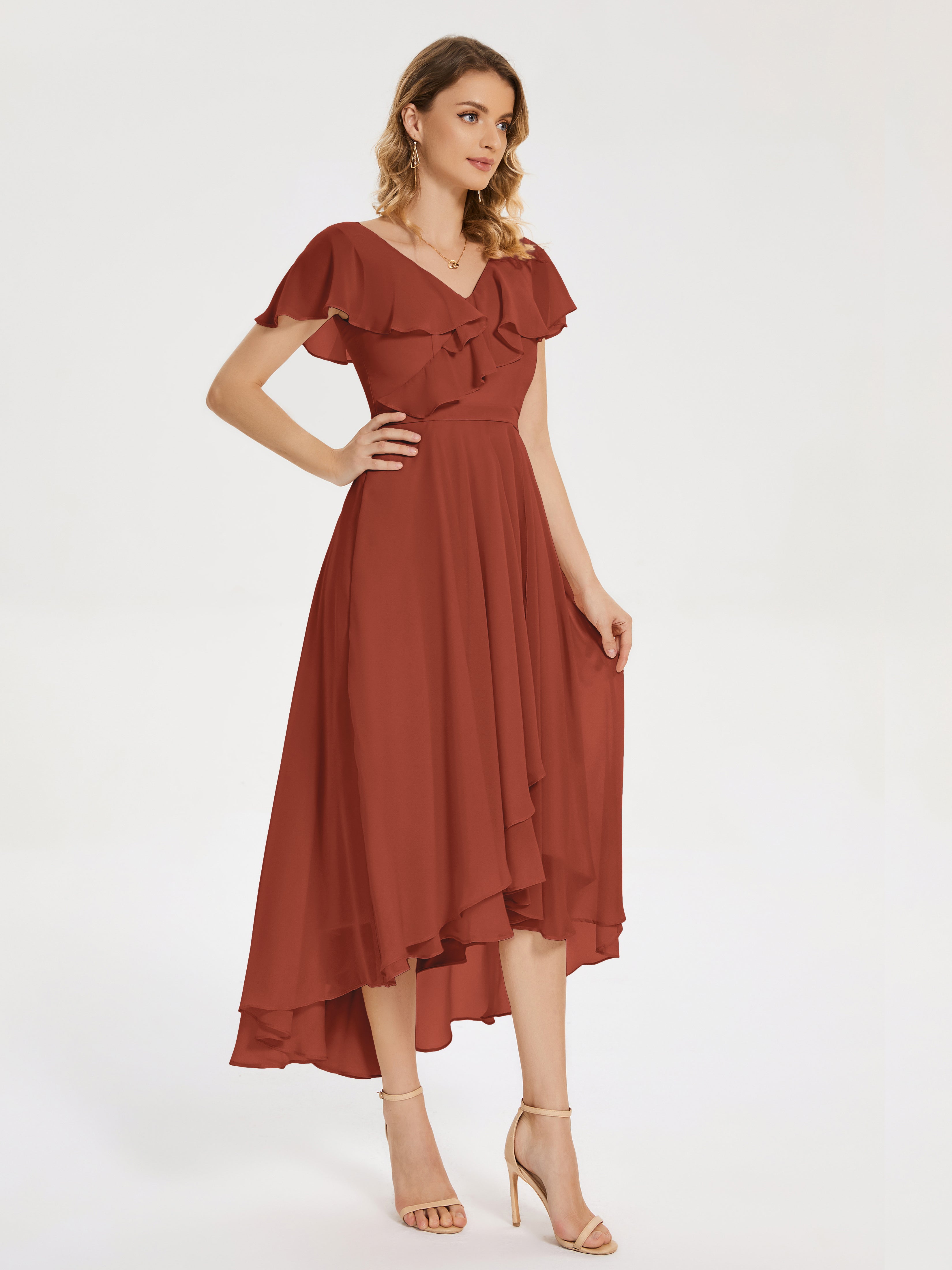 Robe De Demoiselle D'Honneur De Rouille Au Sol Col V Asymétrique Robes Demoiselle D'Honneur À Volants