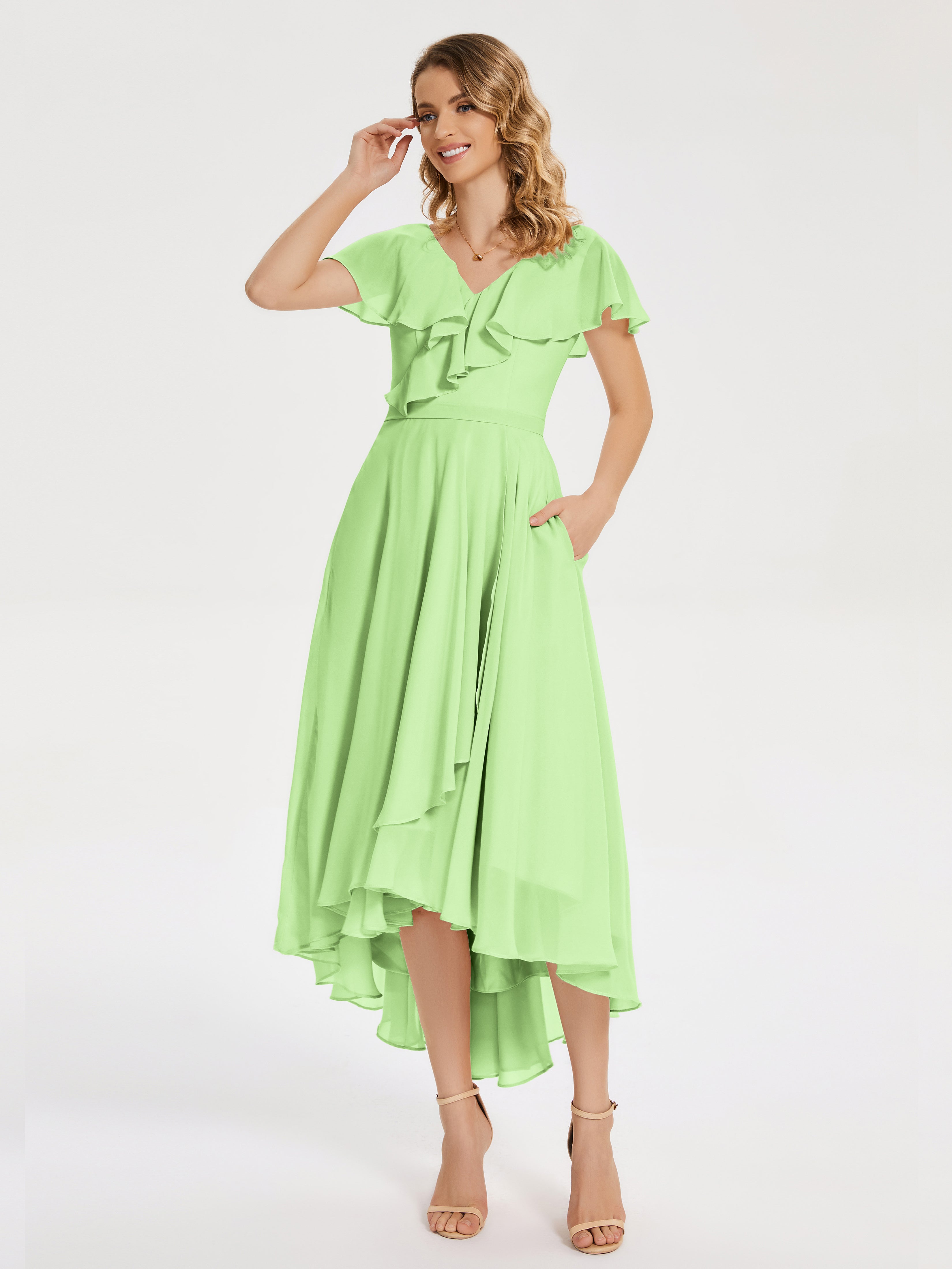 Robe De Demoiselle D Honneur Vert Sauge Col V Asymétrique Robes Demoiselle D'Honneur À Volants