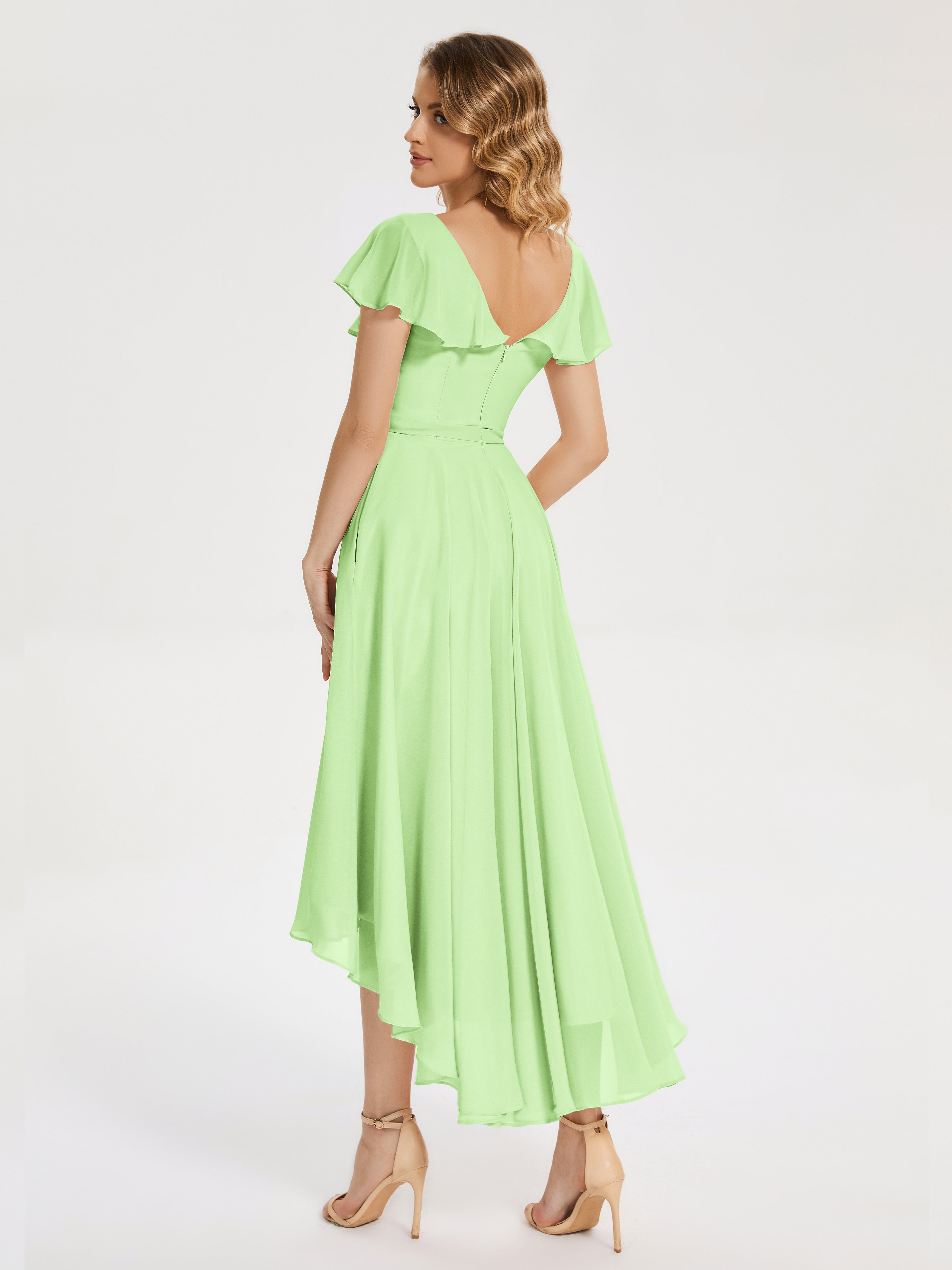 Robe De Demoiselle D Honneur Vert Sauge Col V Asymétrique Robes Demoiselle D'Honneur À Volants