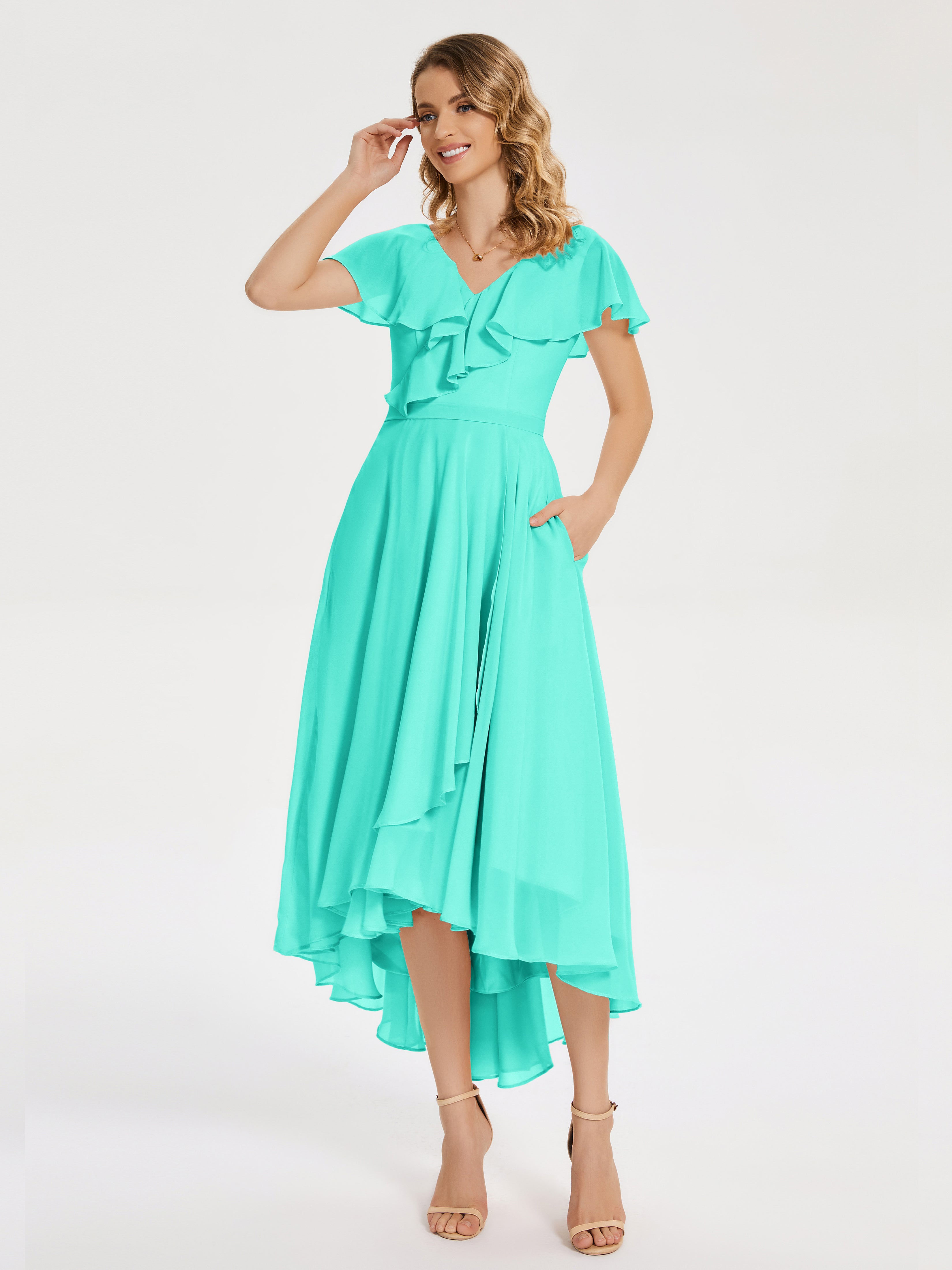 Robes De Demoiselle D'Honneur Spa Col V Asymétrique Robes Demoiselle D'Honneur À Volants